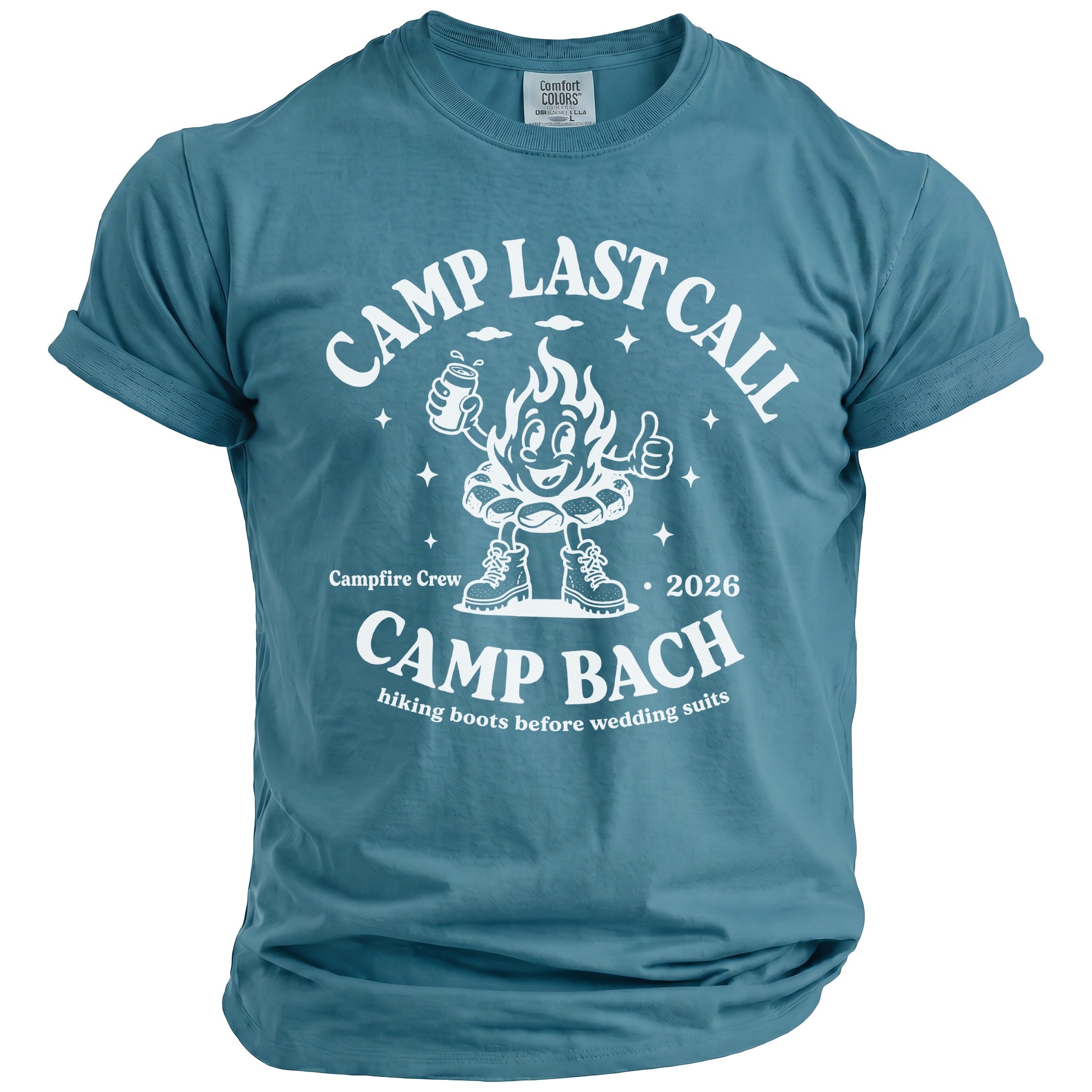 A teal crewneck t-shirt featuring white retro camping graphics and text on the chest.