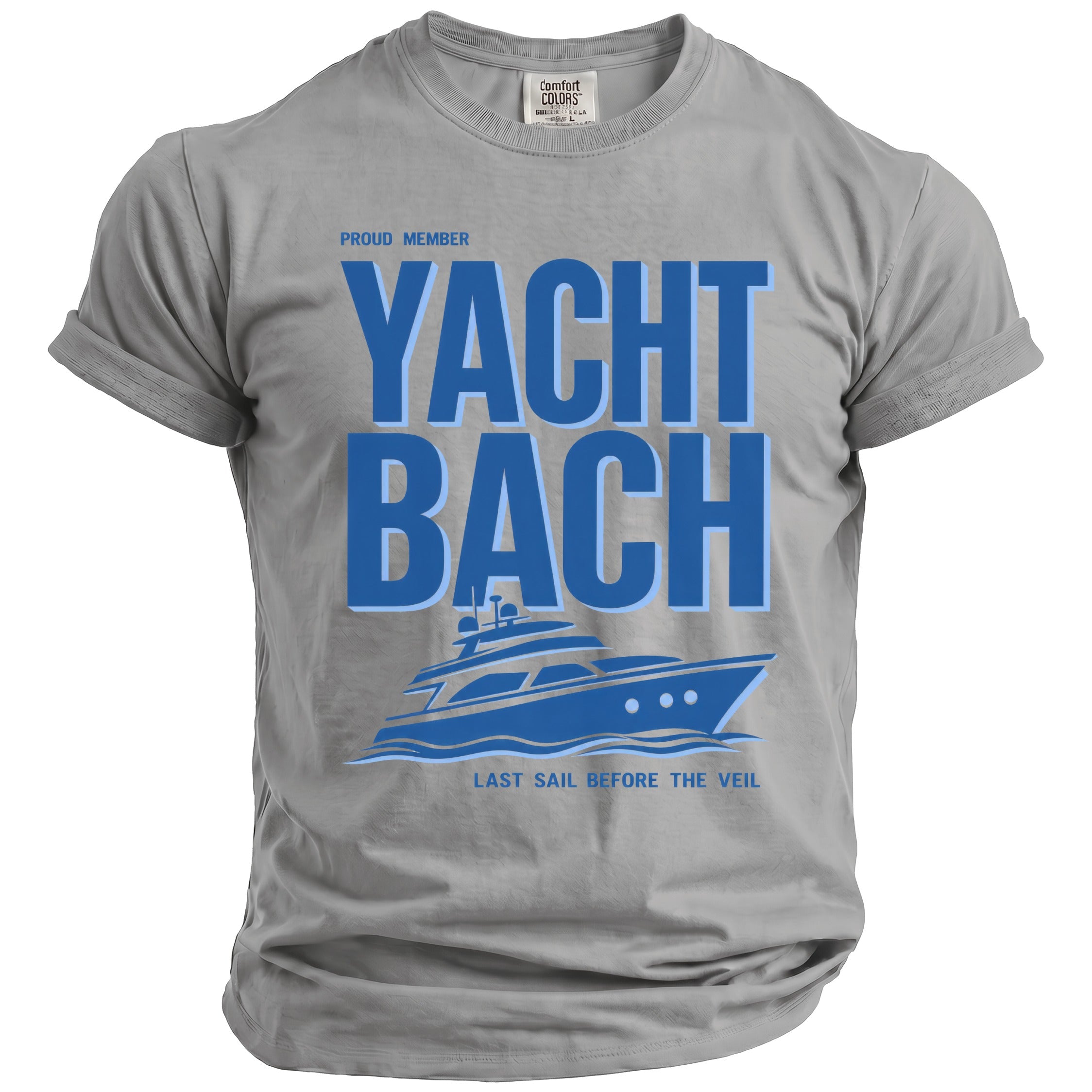 Gray t-shirt with "Proud Member Yacht Bach" text and a blue yacht graphic.