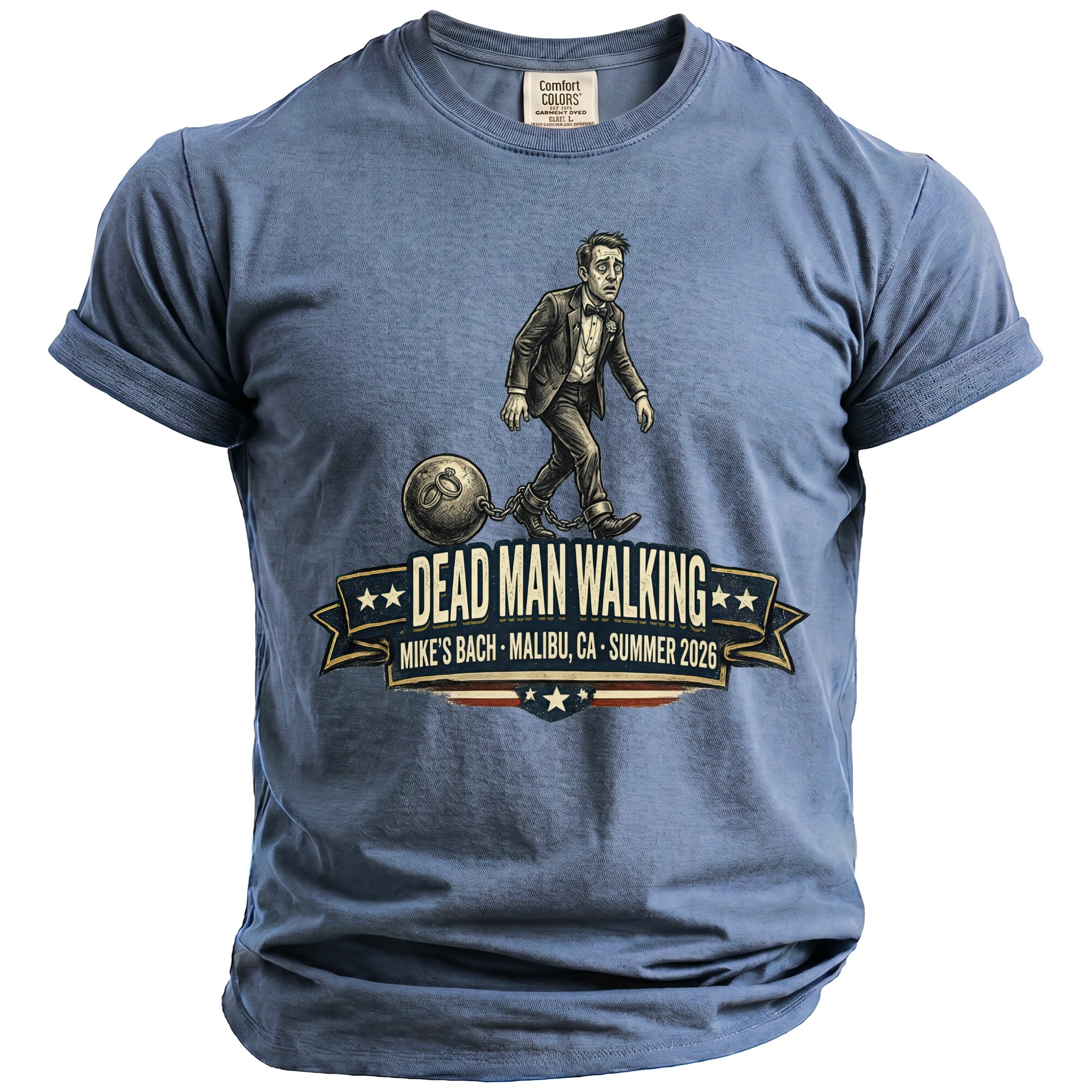 T-shirt with "Dead Man Walking" graphic of a man with a ball and chain.