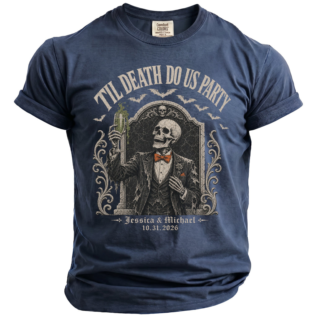 Skeleton in a suit holding a drink, "Til Death Do Us Party," Jessica & Michael, 10.31.2026.