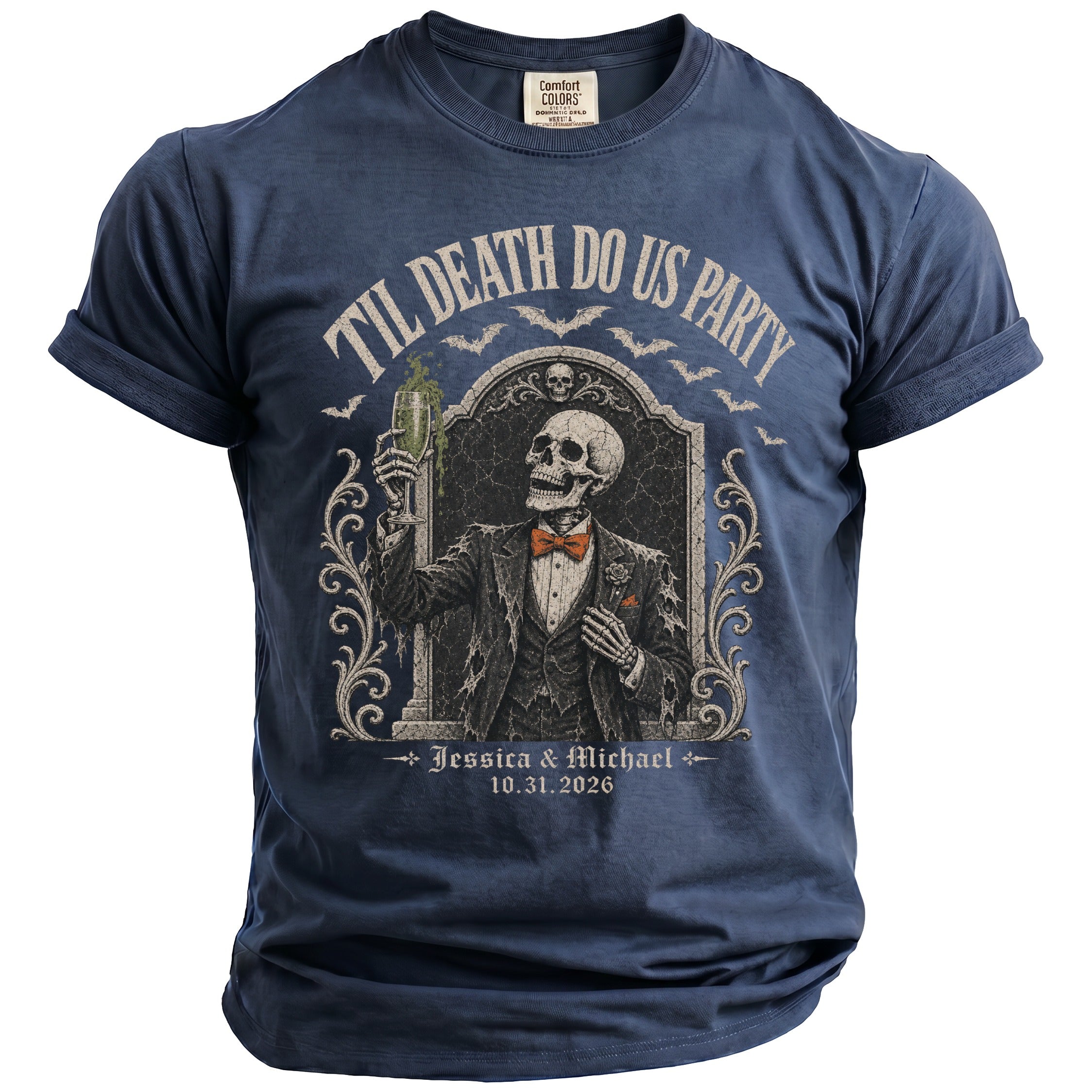 Skeleton in a suit holding a drink, "Til Death Do Us Party," Jessica & Michael, 10.31.2026.