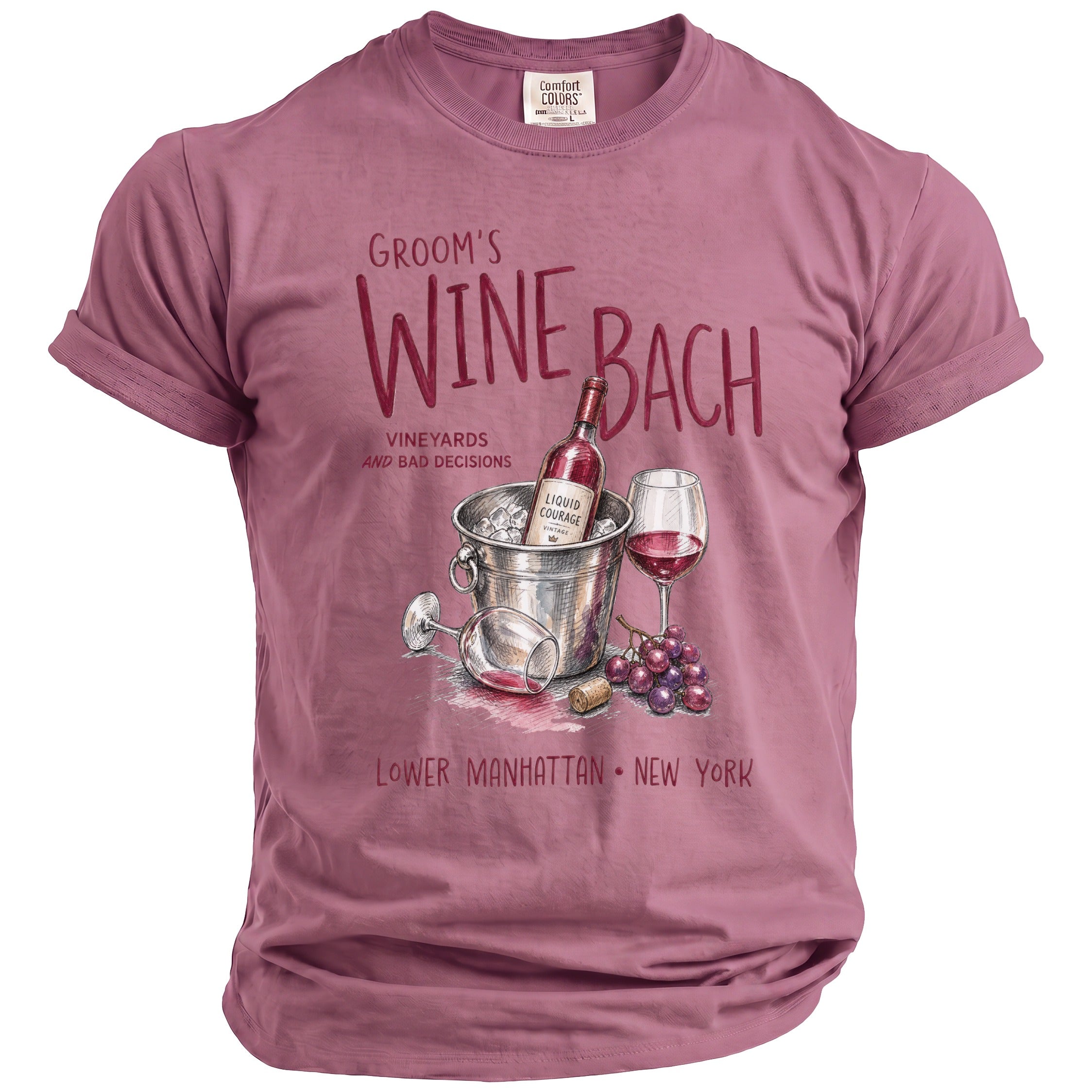 T-shirt with "Groom's Wine Bach" design featuring wine bottle, glasses, and ice bucket.