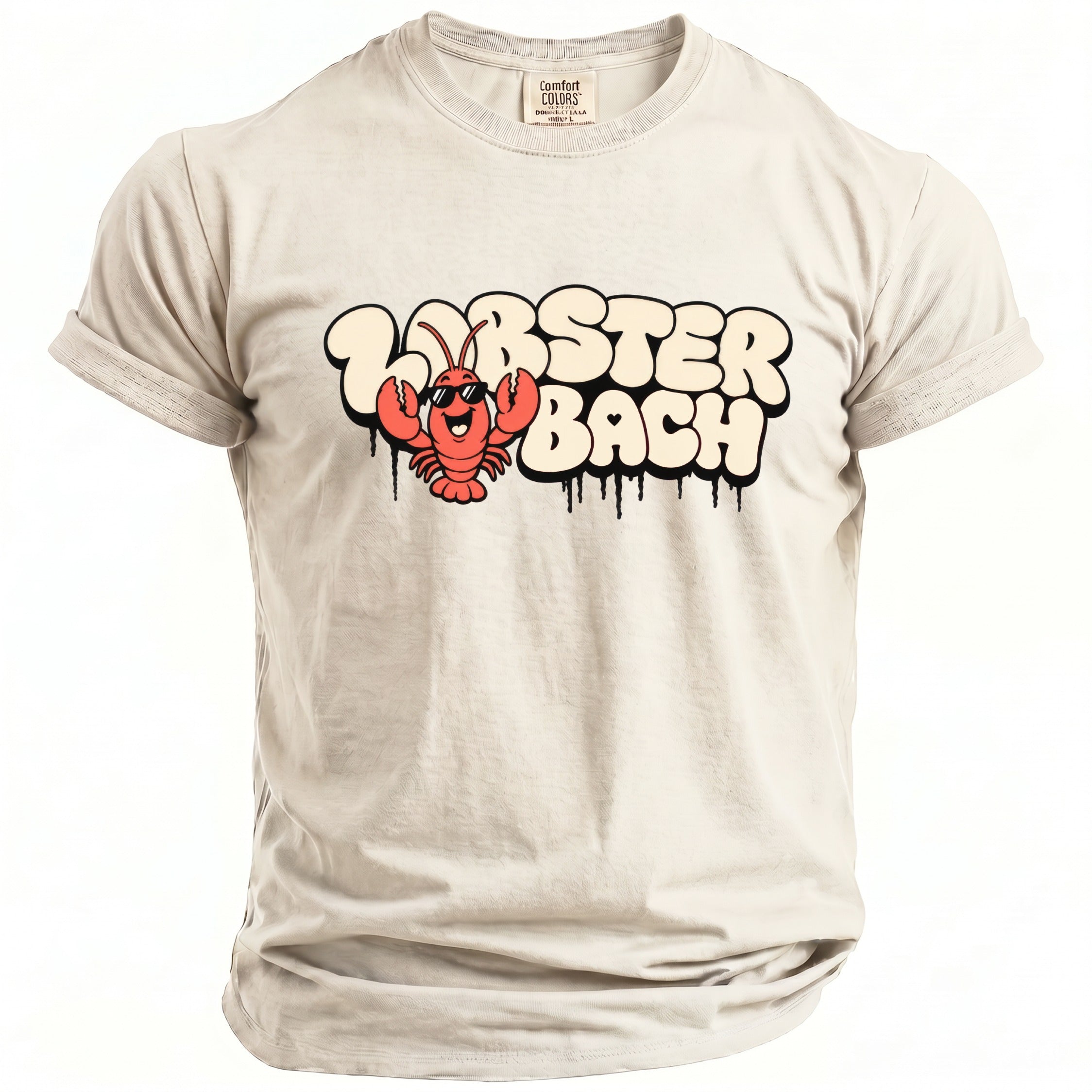 Cream t-shirt with cartoon lobster and "LOBSTER BACH" text graphic.