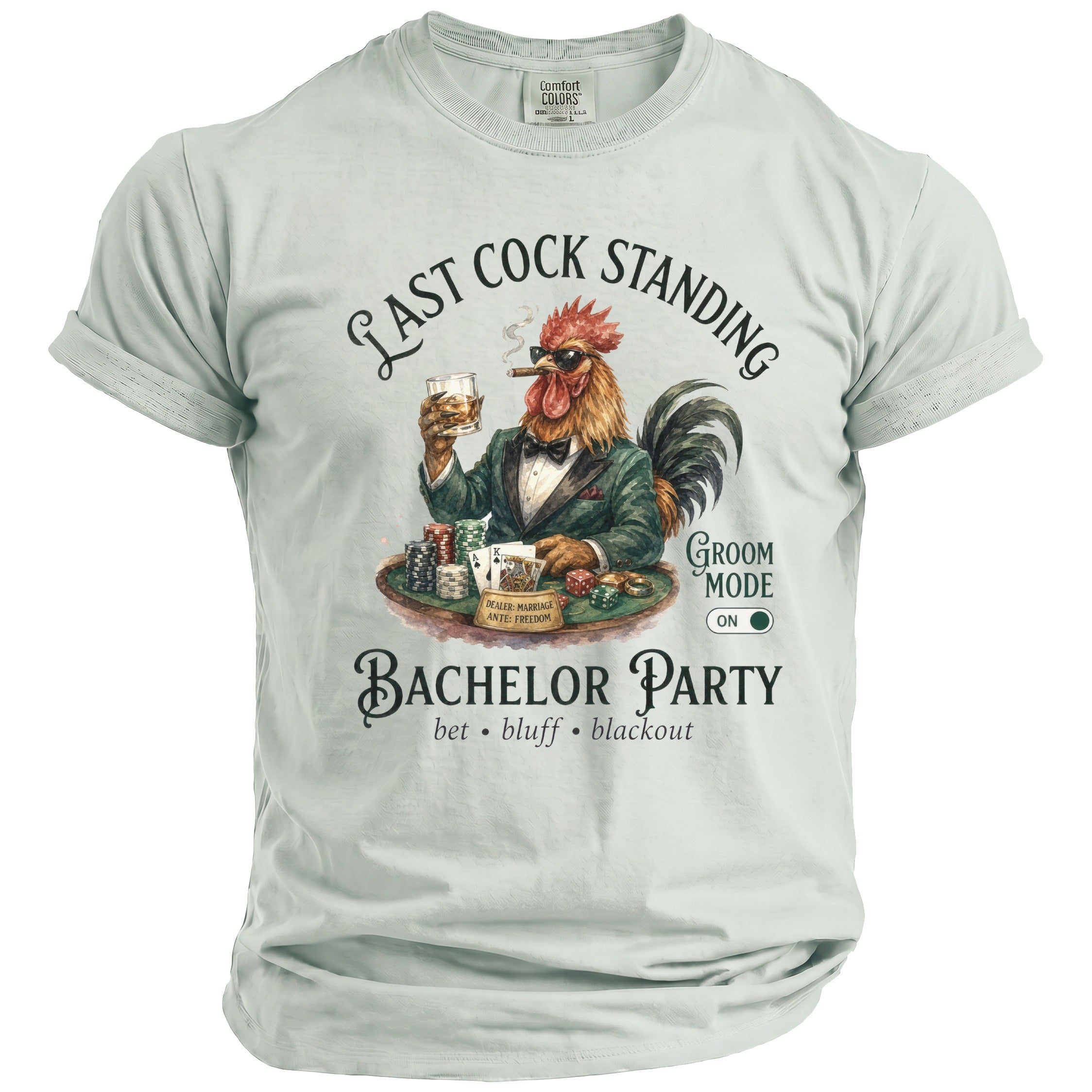 T-shirt with rooster in suit, smoking cigar, holding drink, playing cards and chips.