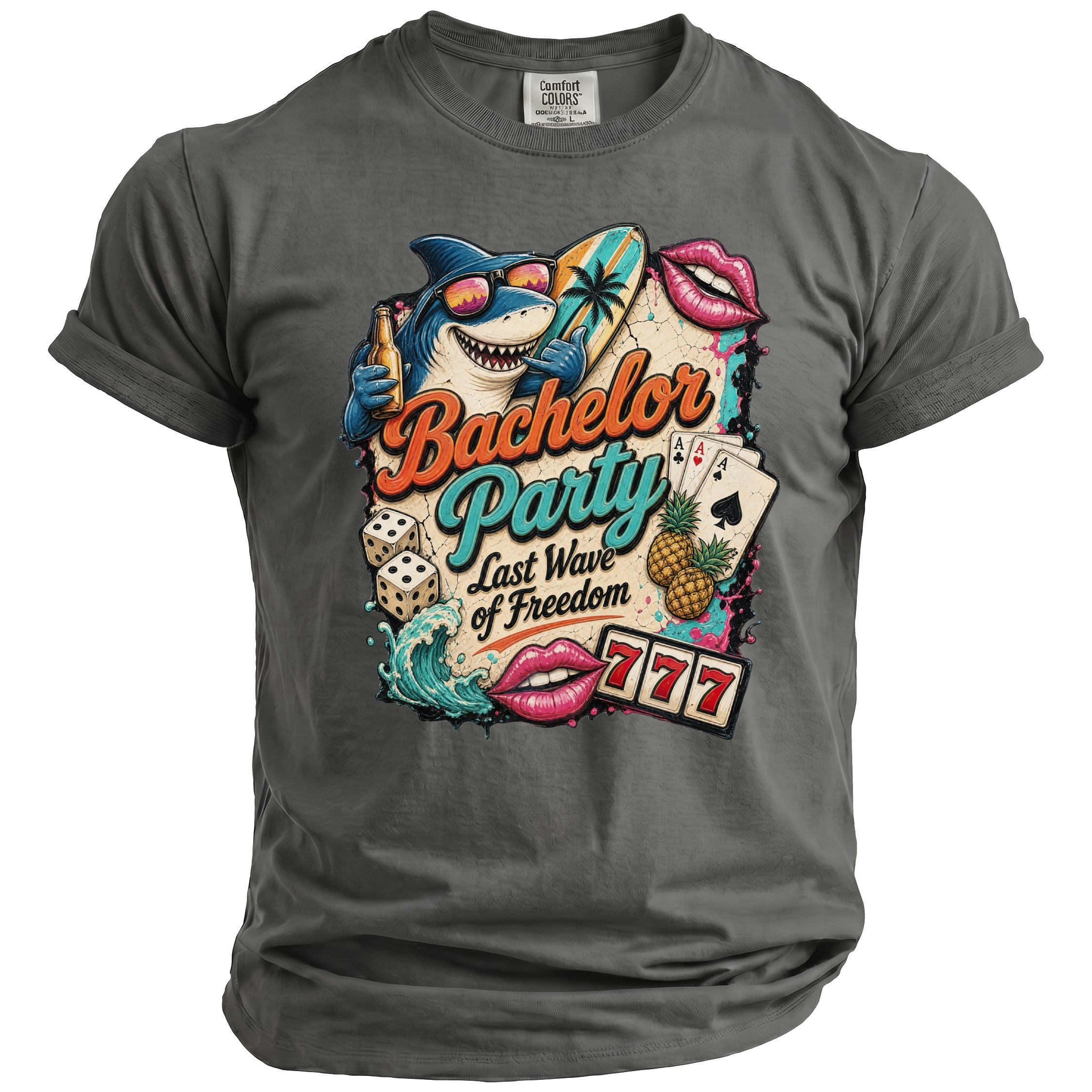 T-shirt with graphic of smiling shark, surfboard, and dice reading "Bachelor Party Last Wave of Freedom".