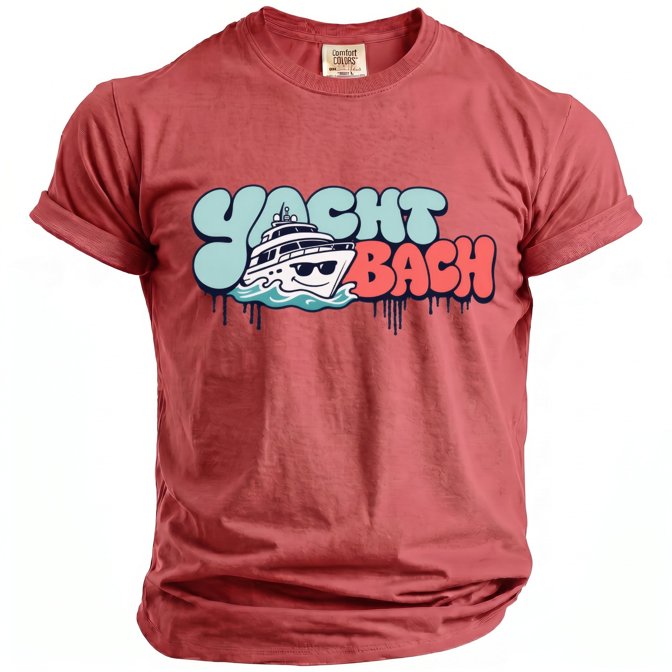 Red t-shirt with "Yacht Bach" text and a cartoon yacht with sunglasses.