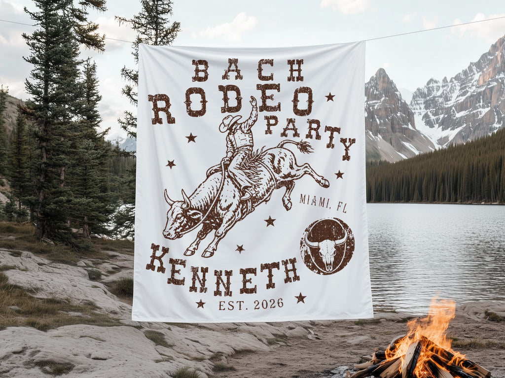Banner with "Bach Rodeo Party Kenneth Est. 2026" and bull rider graphic.