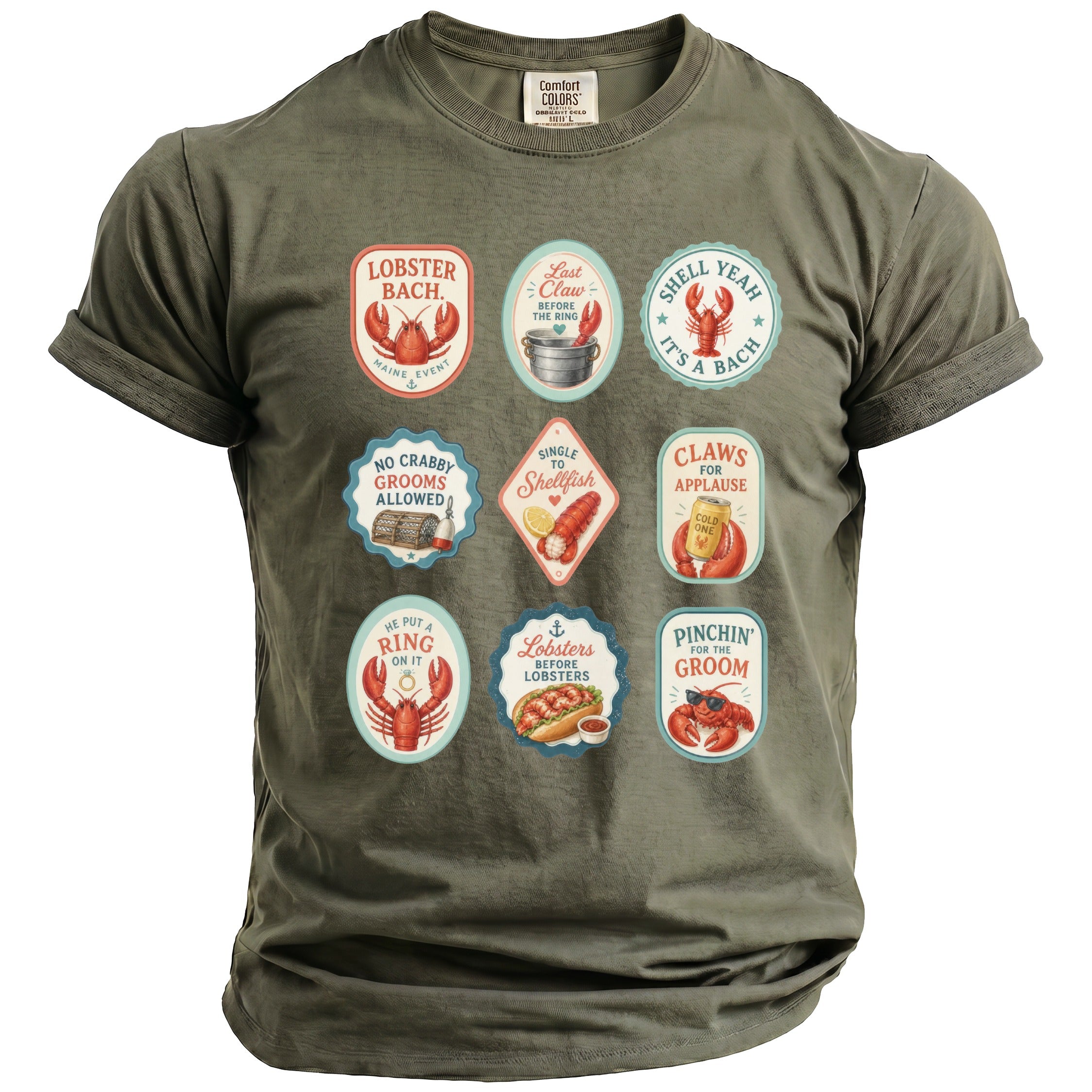 Olive green t-shirt with nine round and oval patches featuring lobsters and nautical themes.