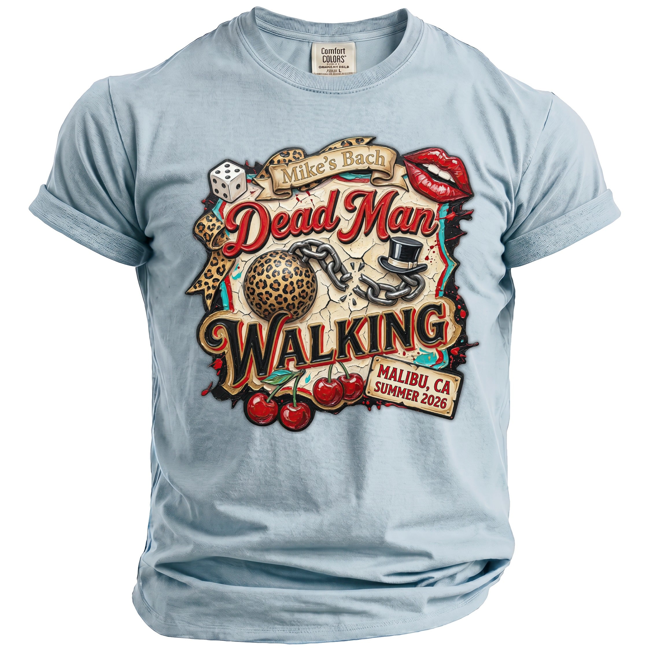Light blue t-shirt with "Mike's Bach Dead Man Walking" graphic and Malibu Summer 2026 text.