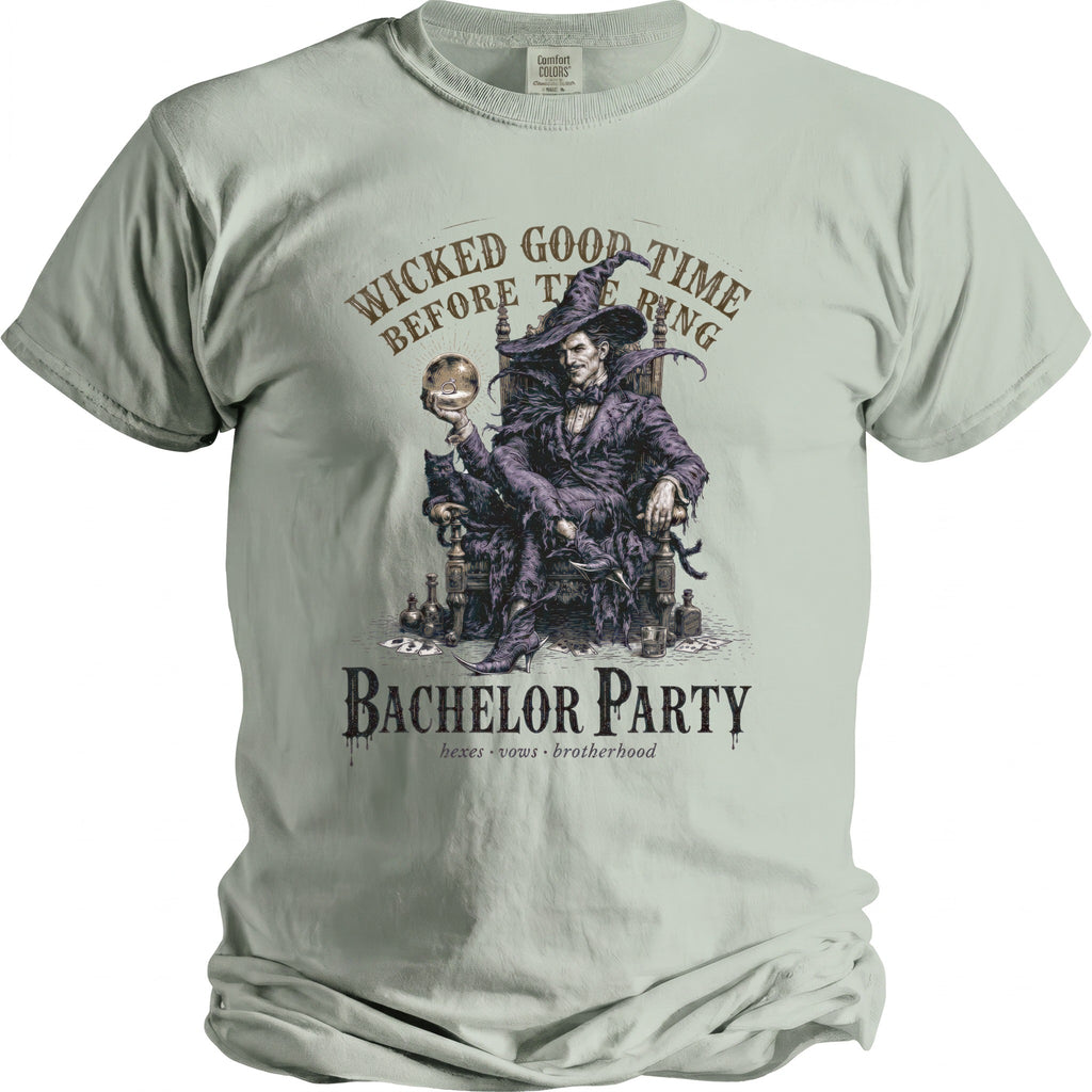 Wicked Good Time Before the Ring Bachelor Party graphic on a light green t-shirt.