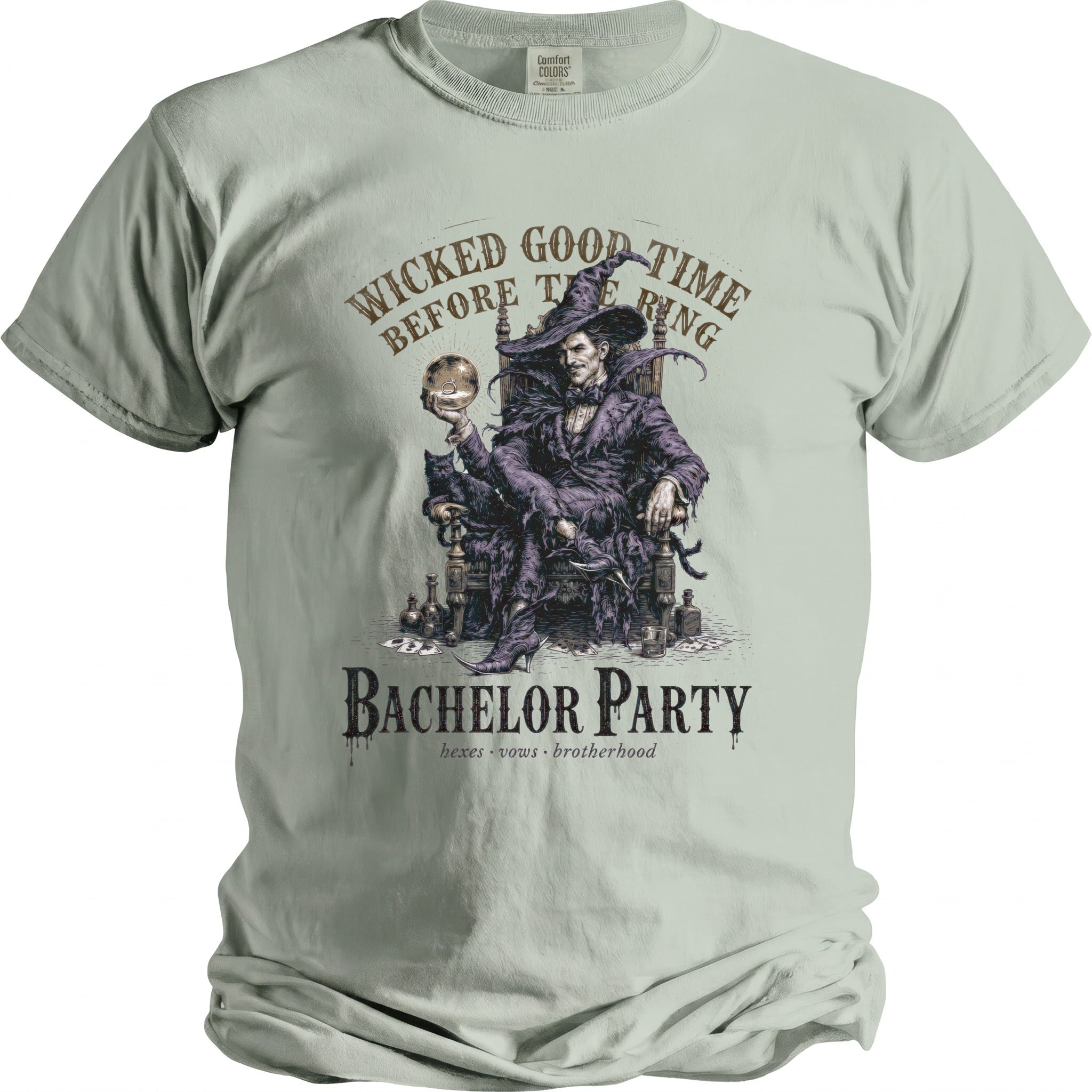 Wicked Good Time Before the Ring Bachelor Party graphic on a light green t-shirt.