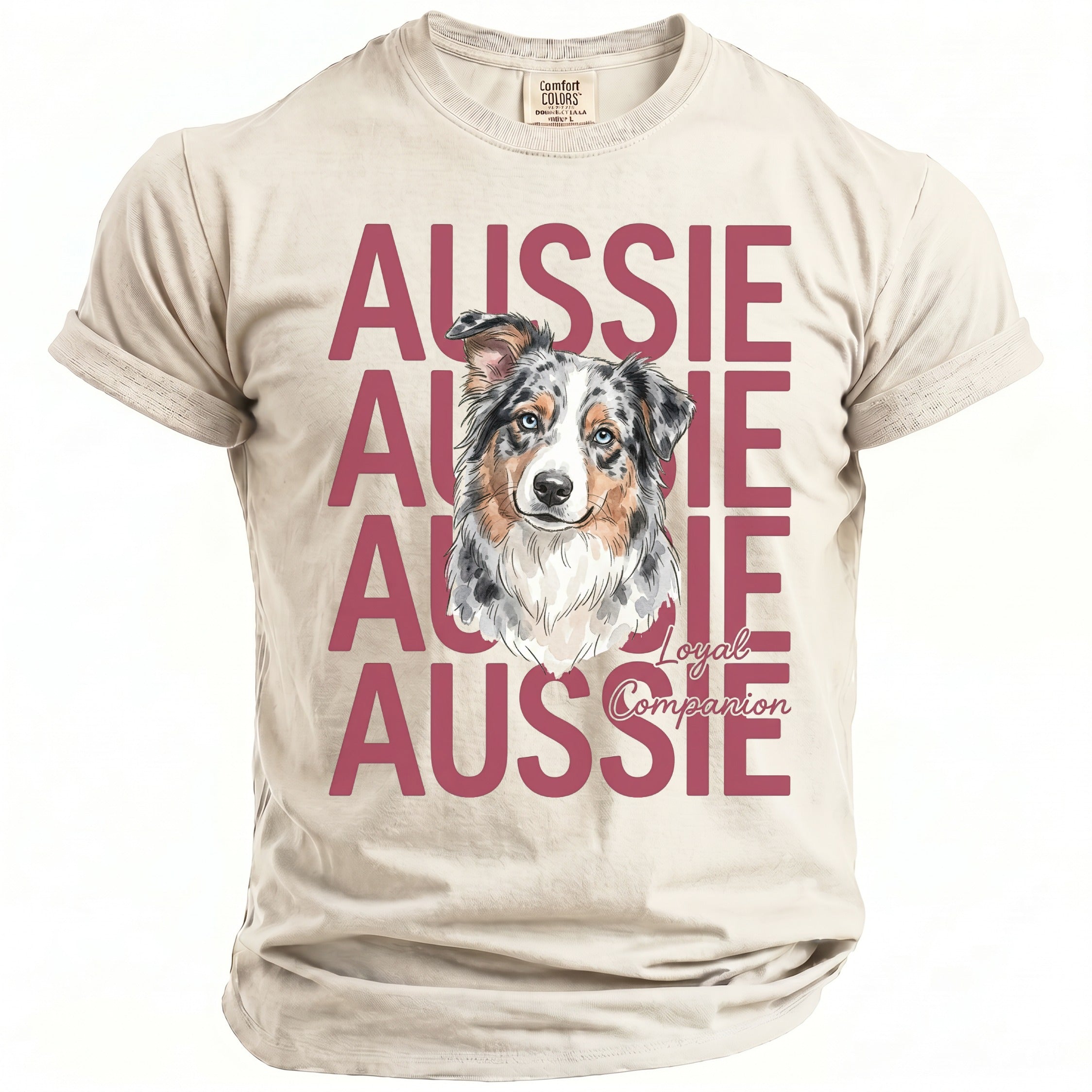 Light beige t-shirt with a watercolor Australian Shepherd and "Aussie Loyal Companion" text.