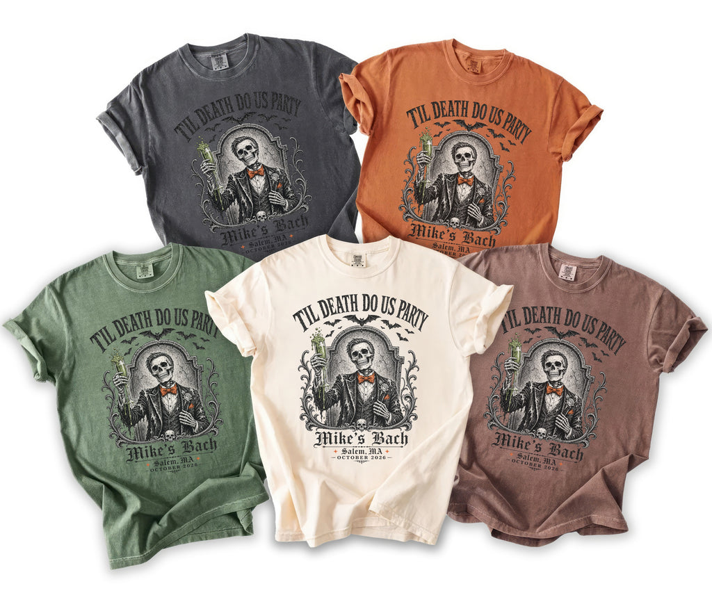 Five t-shirts in different colors with a skeleton graphic and "Til Death Do Us Party" text.