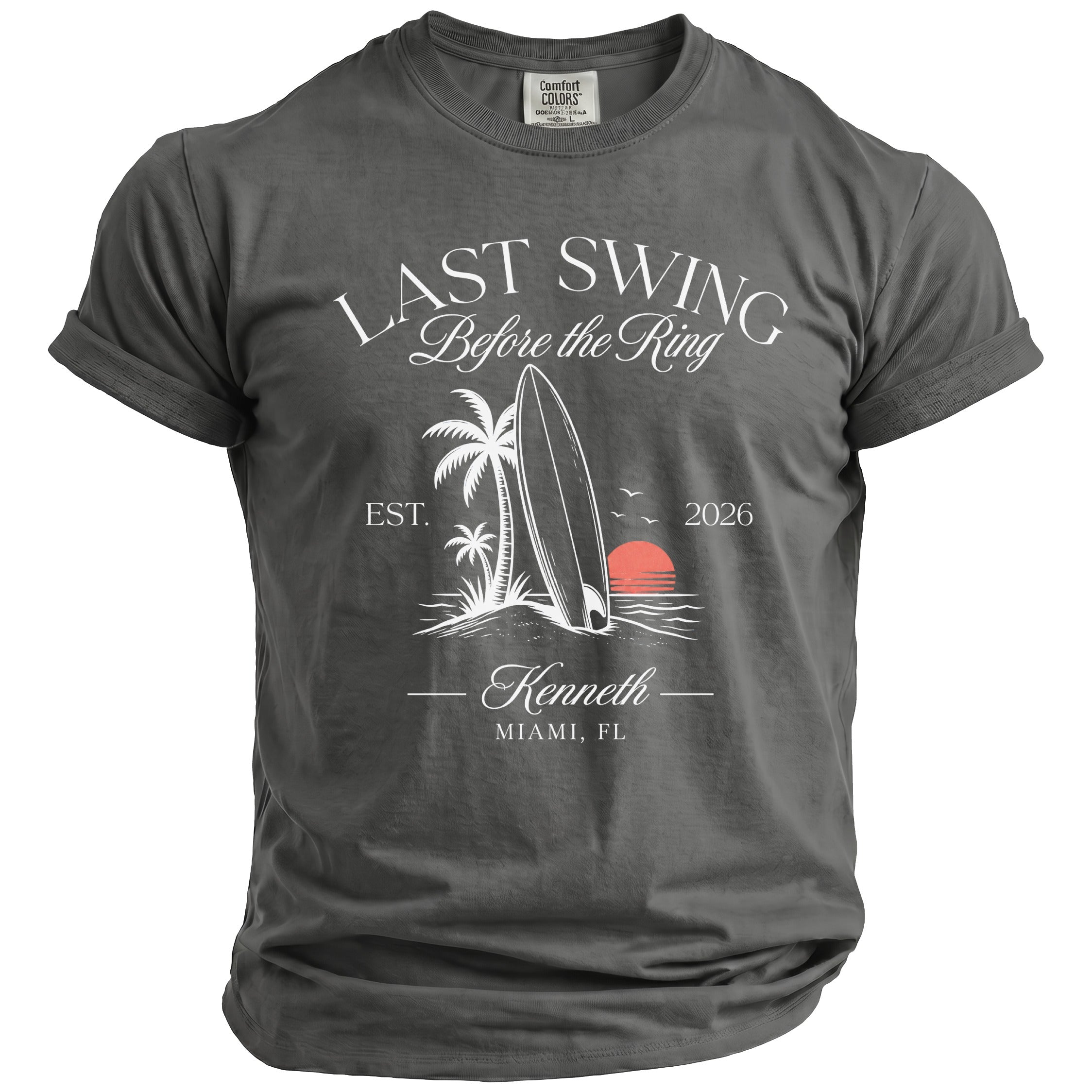 Gray t-shirt with "Last Swing Before the Ring" graphic and "Kenneth Miami, FL" text.