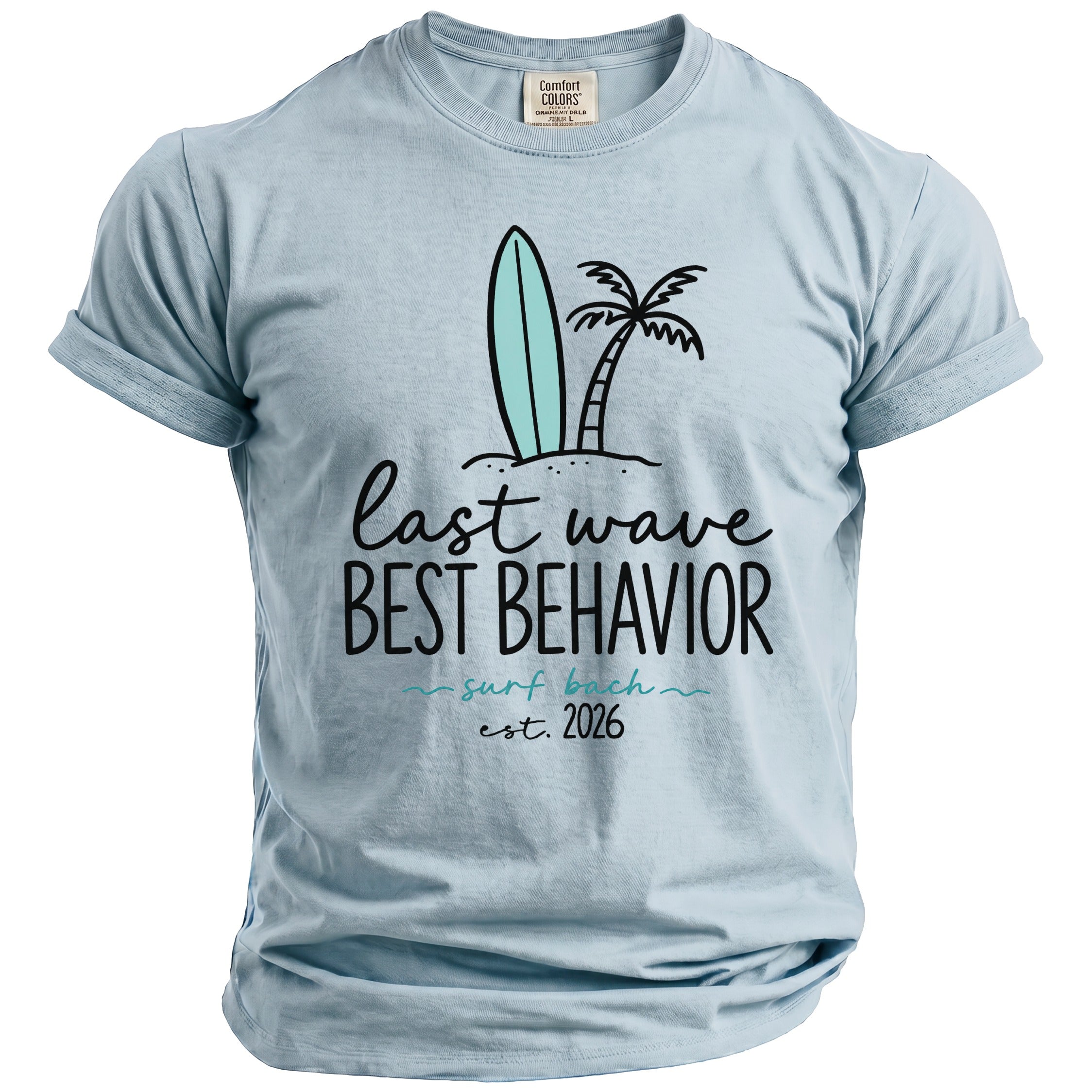 Light blue t-shirt with a graphic of a surfboard, palm tree, and text.