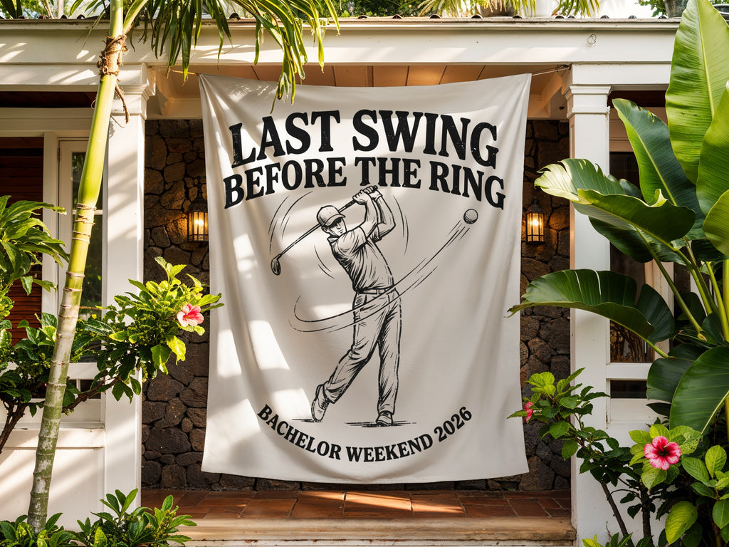 Banner with golf swing motif and text "Last Swing Before the Ring Bachelor Weekend 2026."