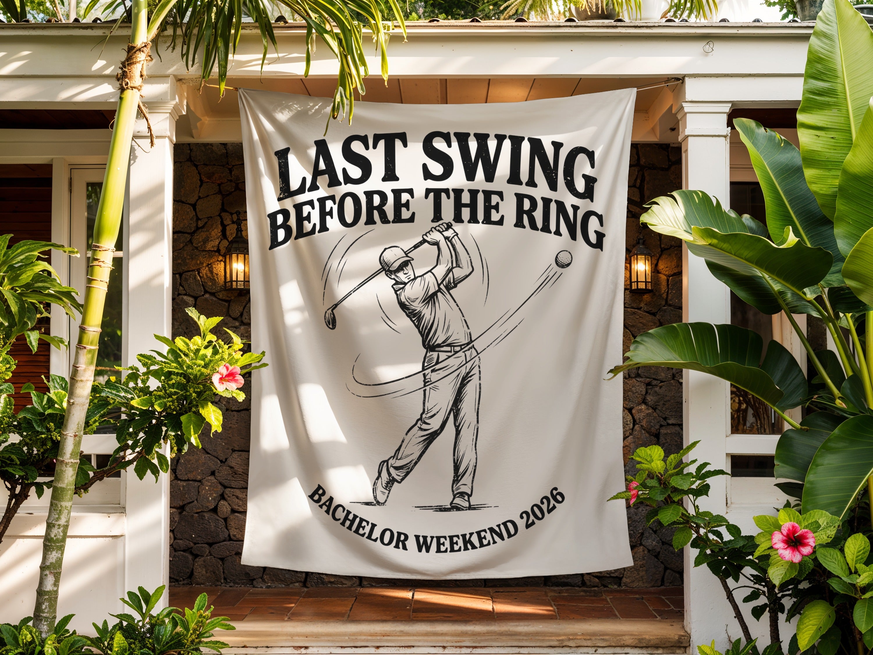 Banner with golf swing motif and text "Last Swing Before the Ring Bachelor Weekend 2026."