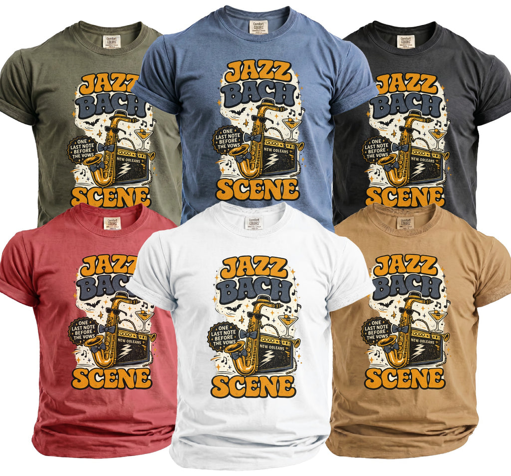T-shirts featuring a "Jazz Bach" graphic with a saxophone, amplifier, and martini glass.