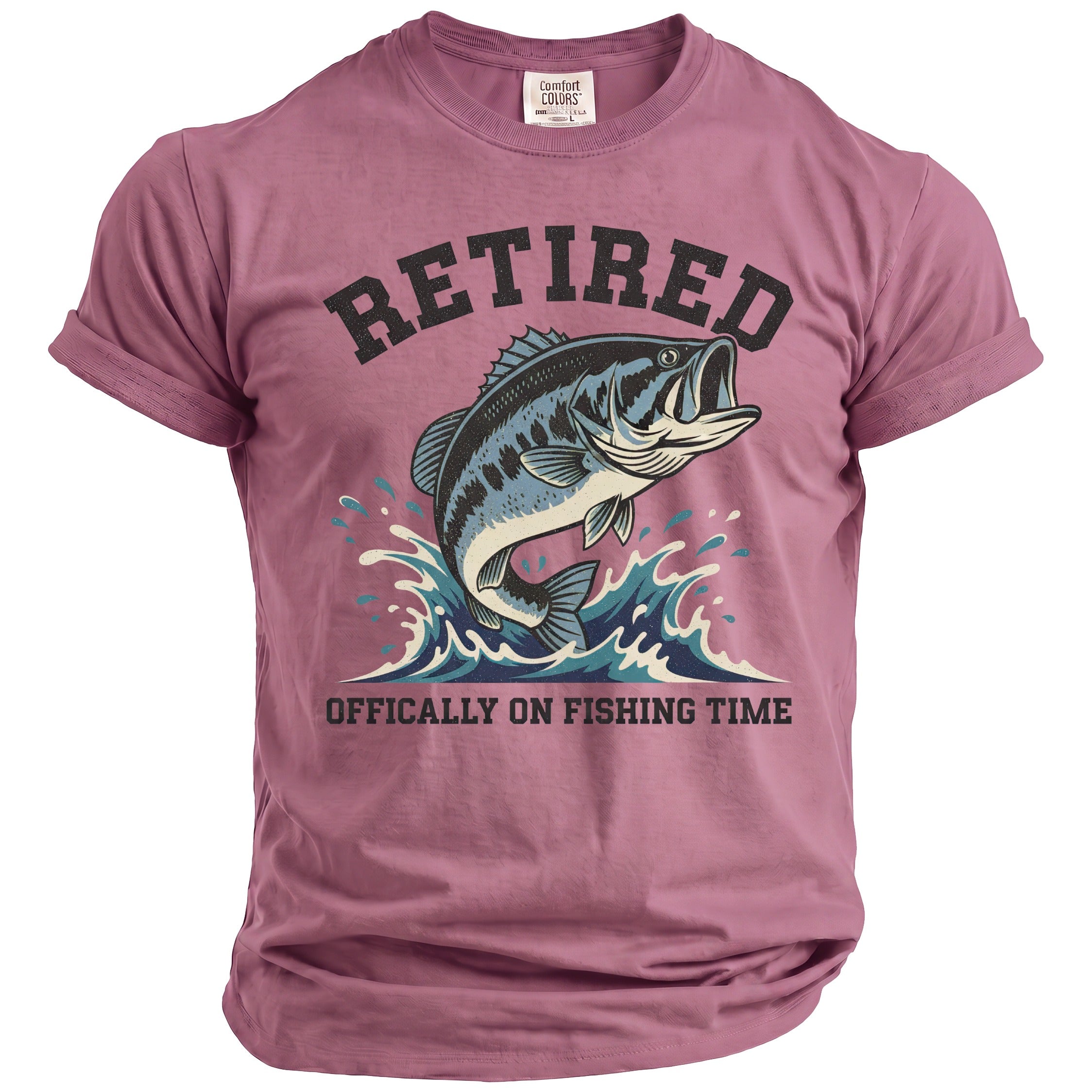 Purple t-shirt with "RETIRED OFF-ically ON FISHING TIME" and a bass jumping from water.