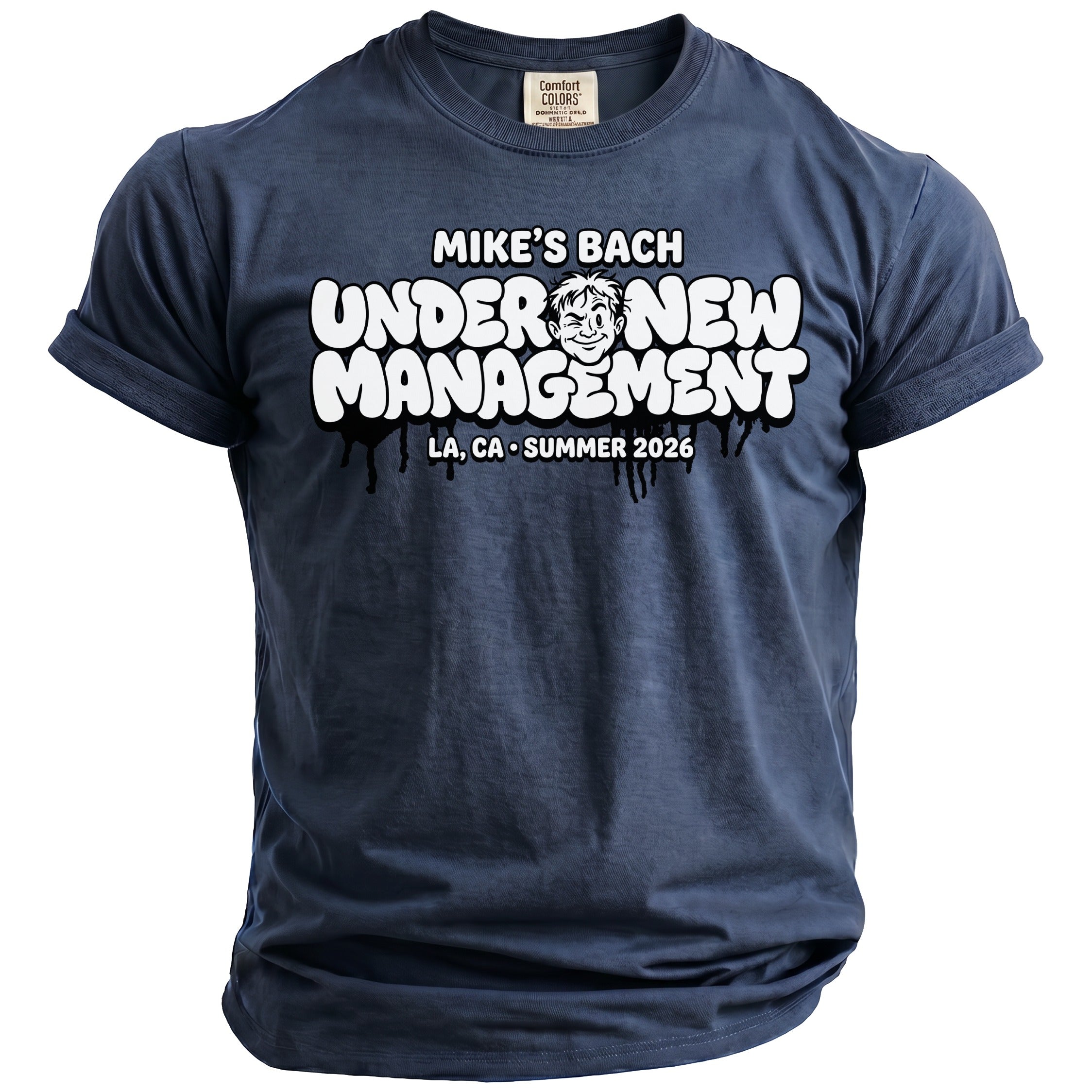 Dark blue t-shirt with "MIKE'S BACH UNDER NEW MANAGEMENT LA, CA SUMMER 2026" text.