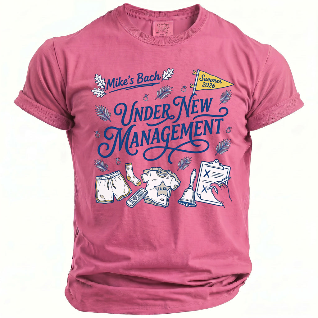 Pink t-shirt with "Mike's Bach Under New Management" and bachelor party graphics.