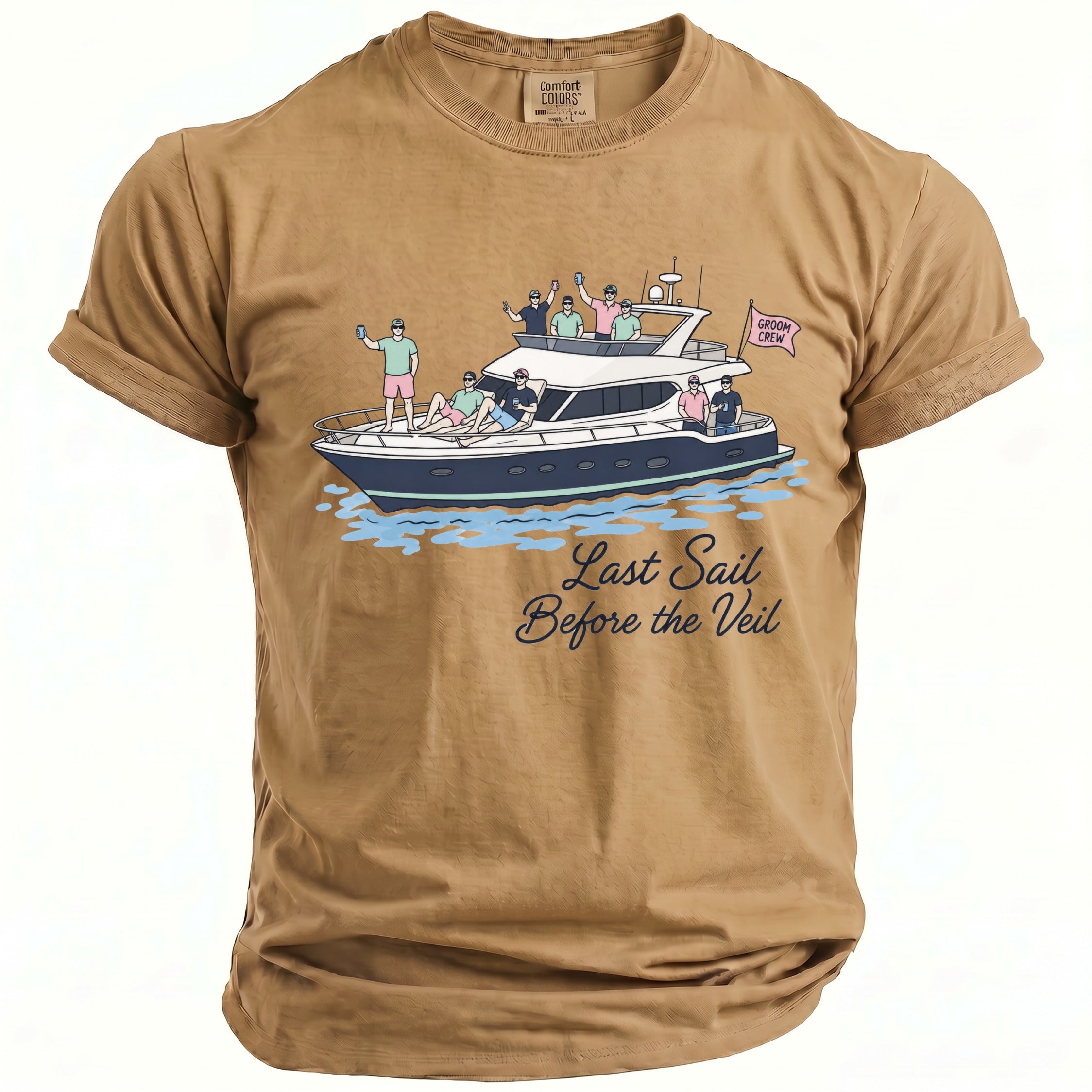 Tan t-shirt with "Last Sail Before the Veil" text and a yacht party graphic.