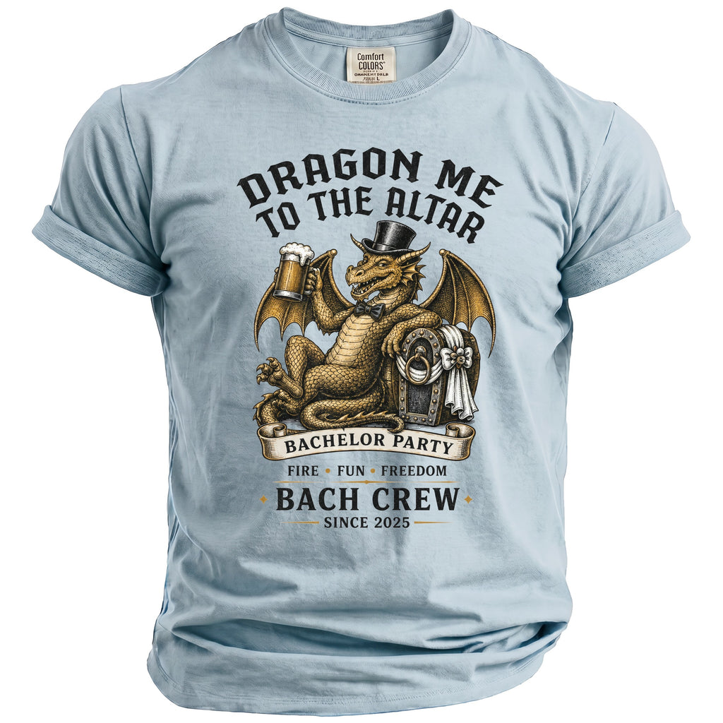 Light blue t-shirt with dragon holding beer, wearing top hat and bow tie.