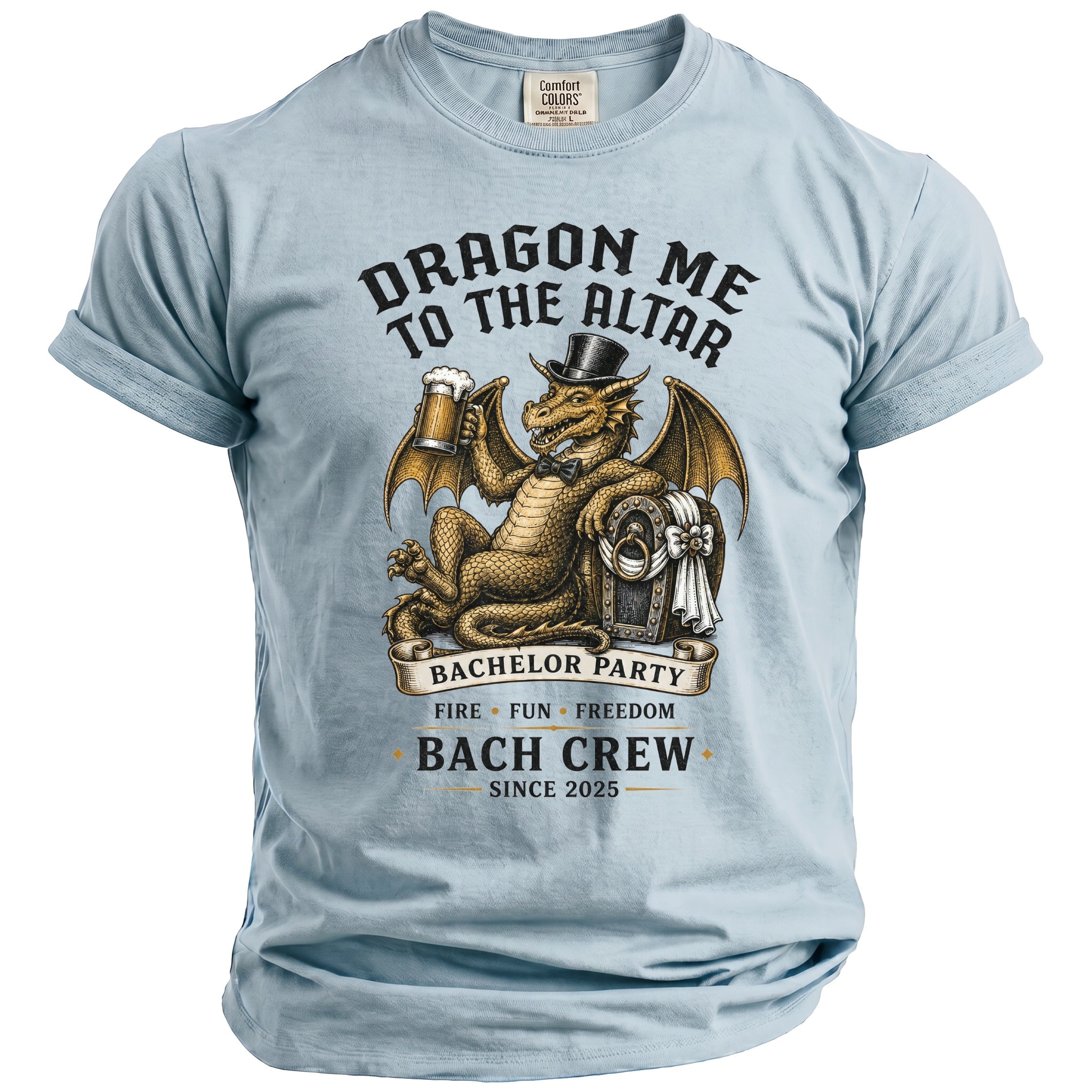 Light blue t-shirt with dragon holding beer, wearing top hat and bow tie.