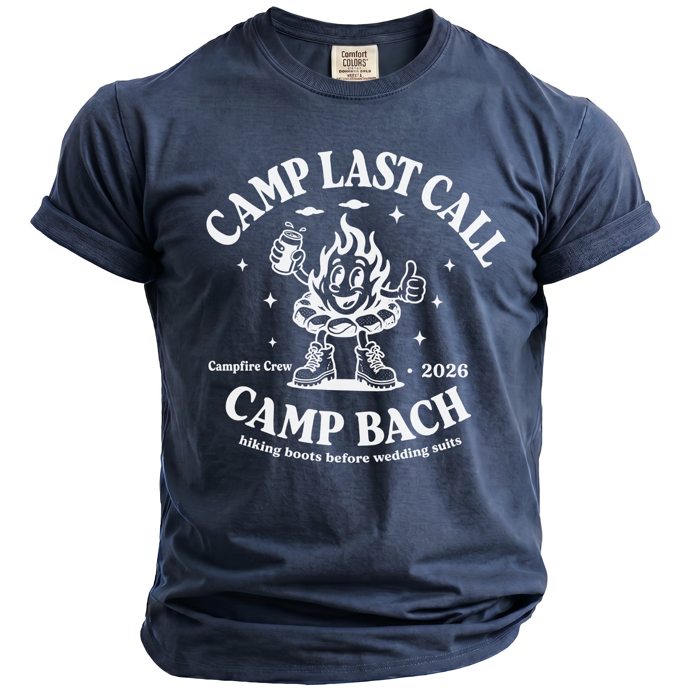 Blue crewneck t-shirt with white graphic design reading Camp Last Call Camp Bach.