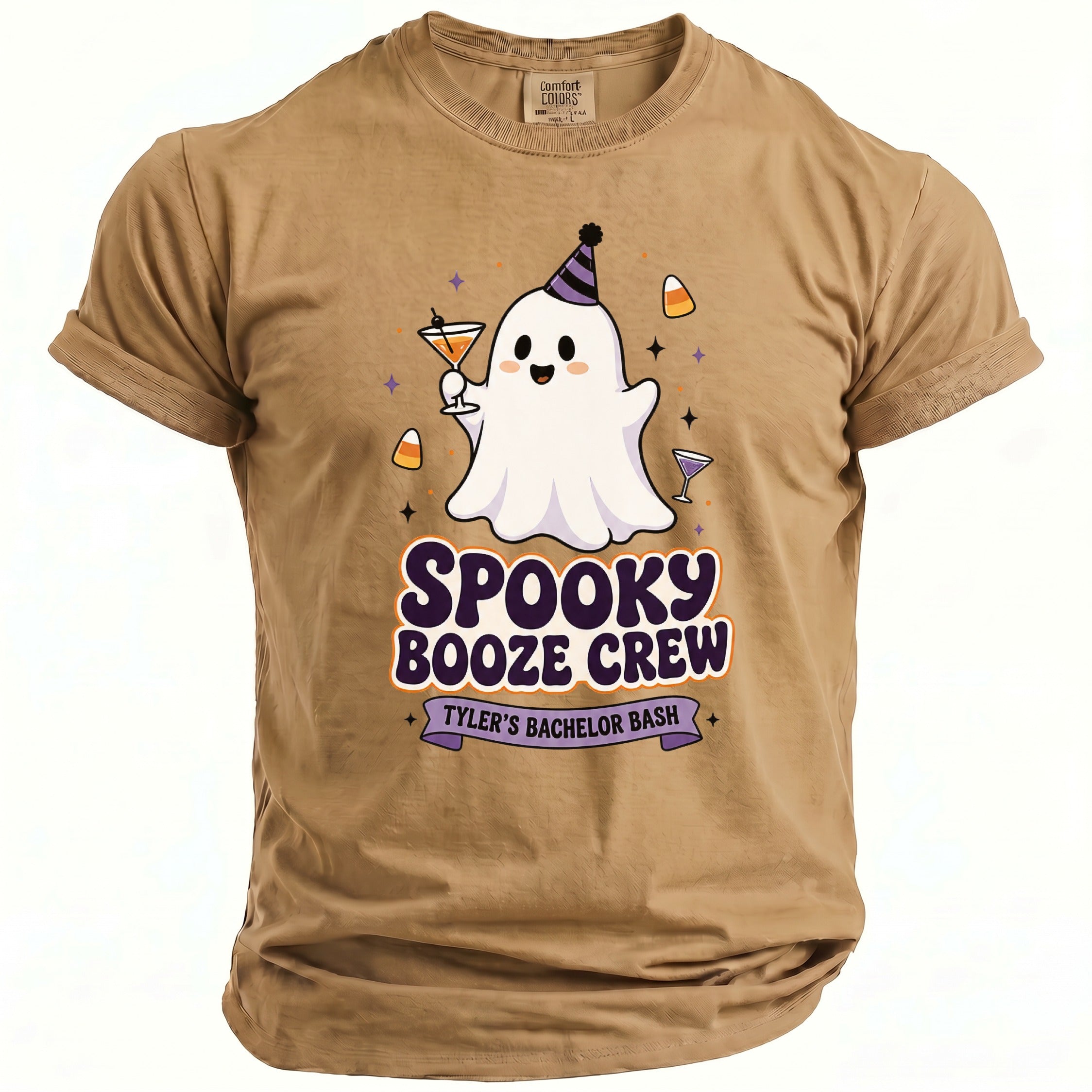 Brown graphic t-shirt with ghost, cocktails, and "Spooky Booze Crew Tyler's Bachelor Bash" text.