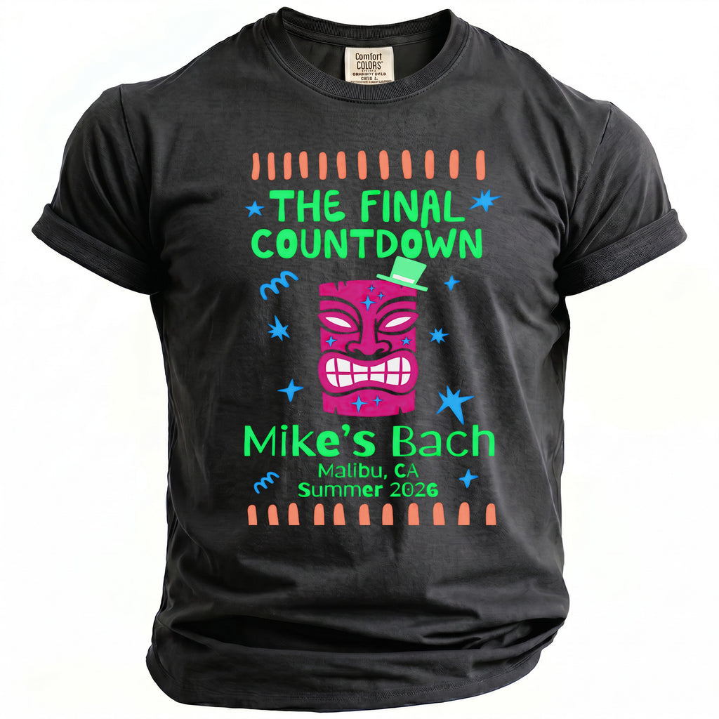 Black t-shirt with "The Final Countdown" and tiki mask design.