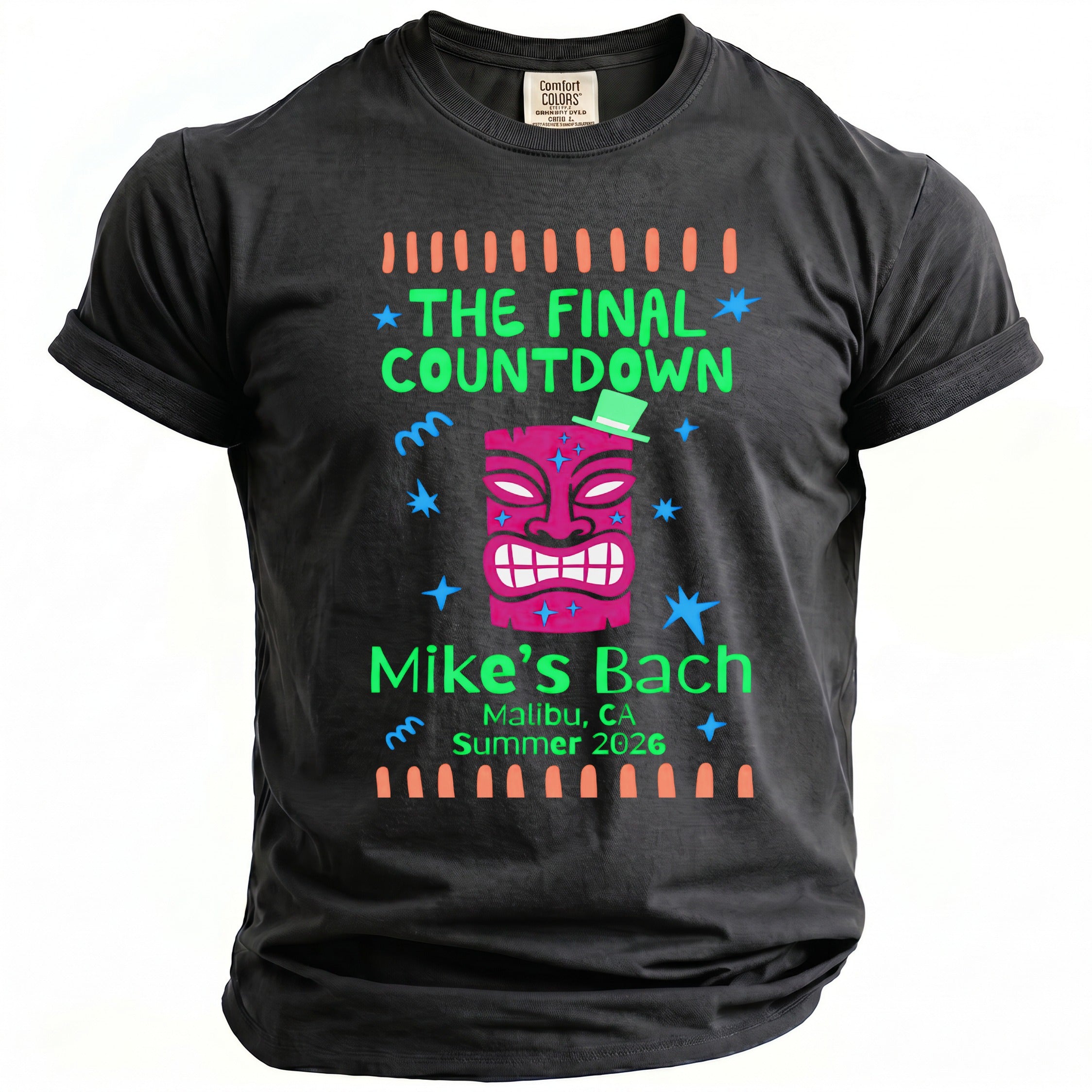 Black t-shirt with "The Final Countdown" and tiki mask design.