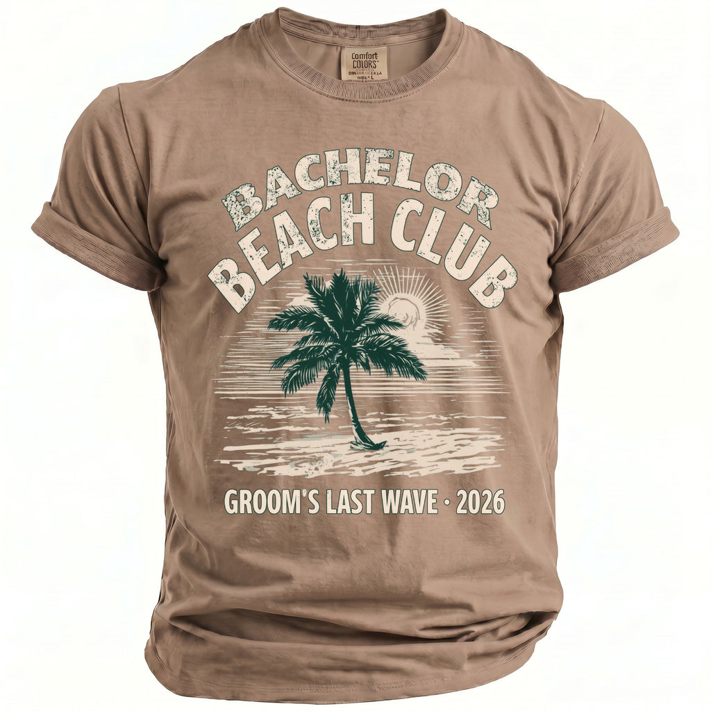 Brown t-shirt with "Bachelor Beach Club Groom's Last Wave 2026" text and palm tree.