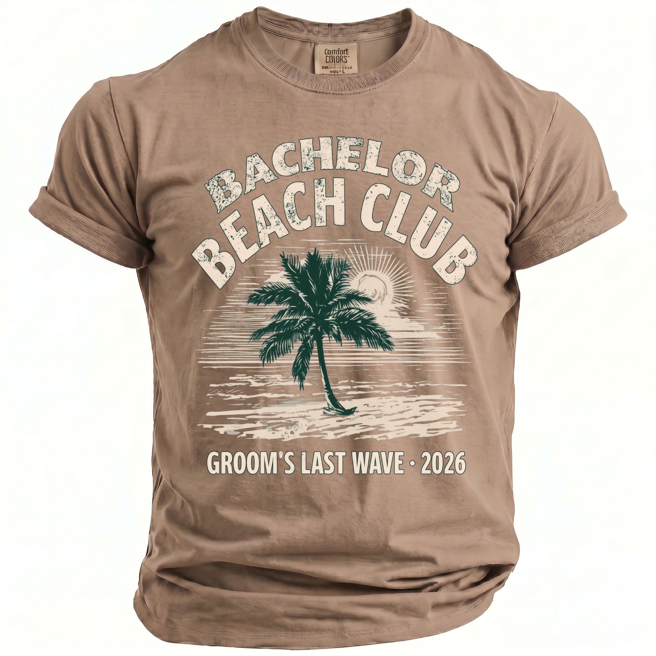 Brown t-shirt with "Bachelor Beach Club Groom's Last Wave 2026" text and palm tree.