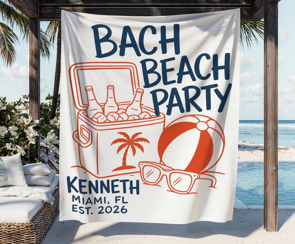 White banner with "Bach Beach Party" text, cooler, beach ball, sunglasses, and custom name/location/date.