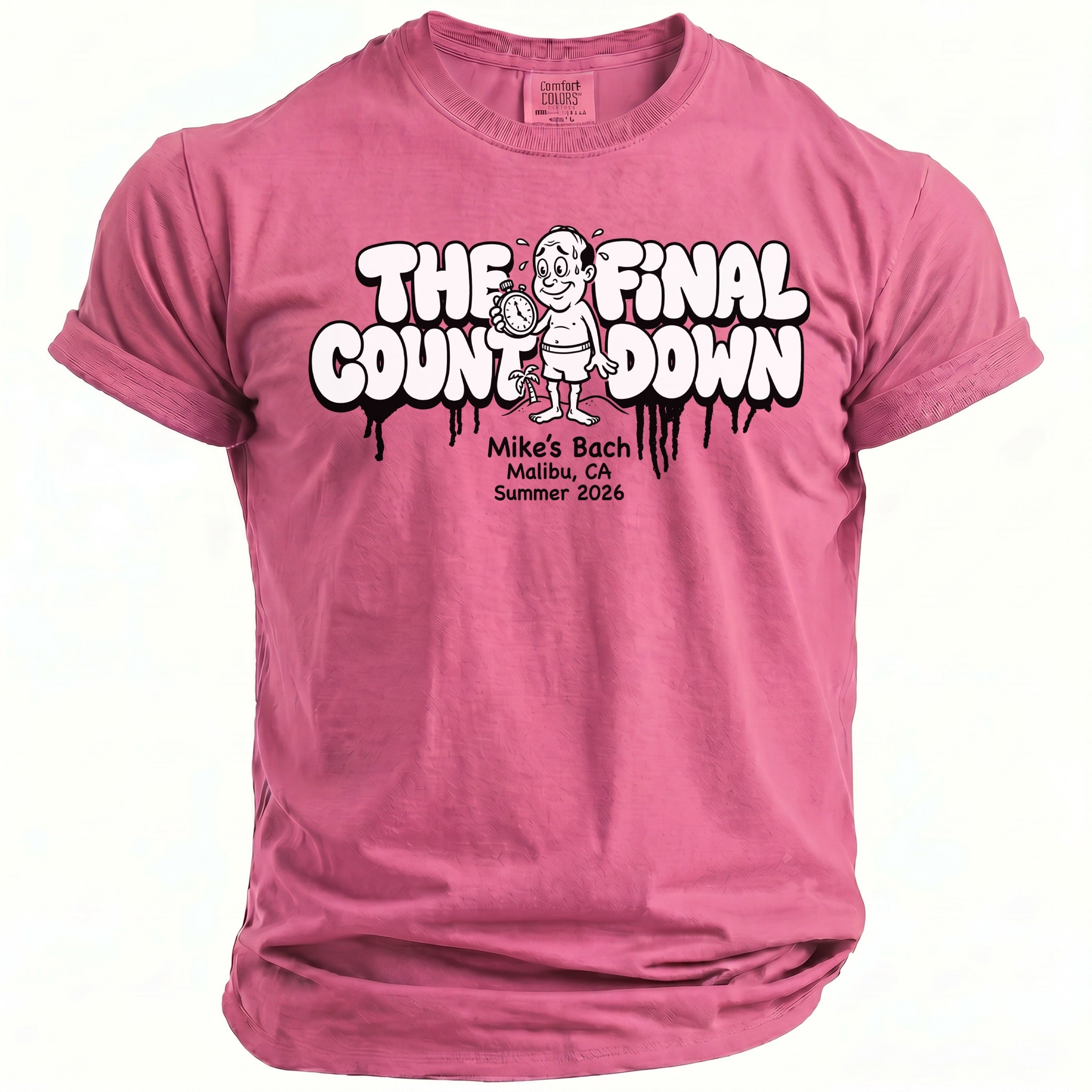 Pink t-shirt with "The Final Count Down" graphic and Mike's Bach details.