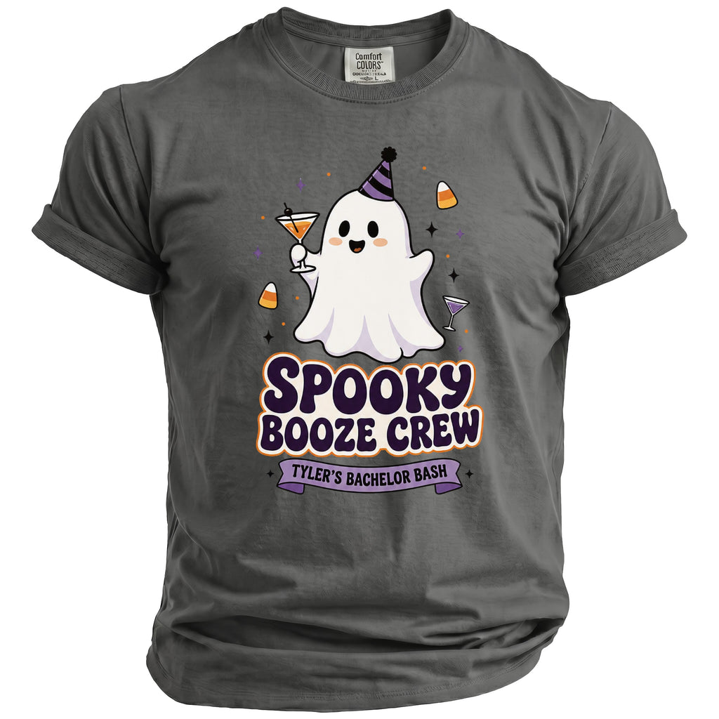 Ghost graphic with party hat and cocktails on a gray t-shirt that reads "Spooky Booze Crew Tyler's Bachelor Bash".