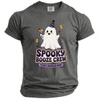 Ghost graphic with party hat and cocktails on a gray t-shirt that reads "Spooky Booze Crew Tyler's Bachelor Bash".