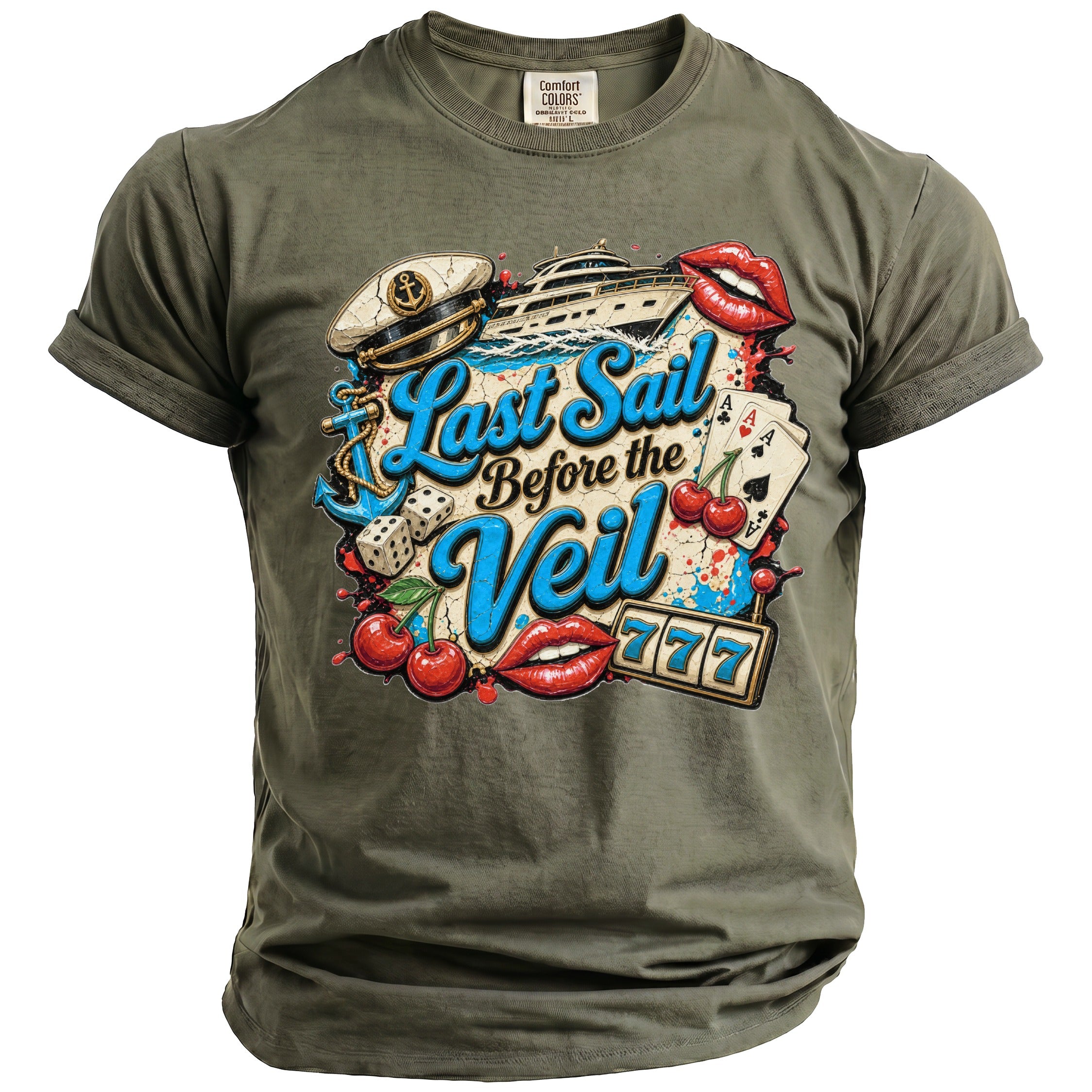 An olive green t-shirt with a vintage graphic featuring the text Last Sail Before the Veil.