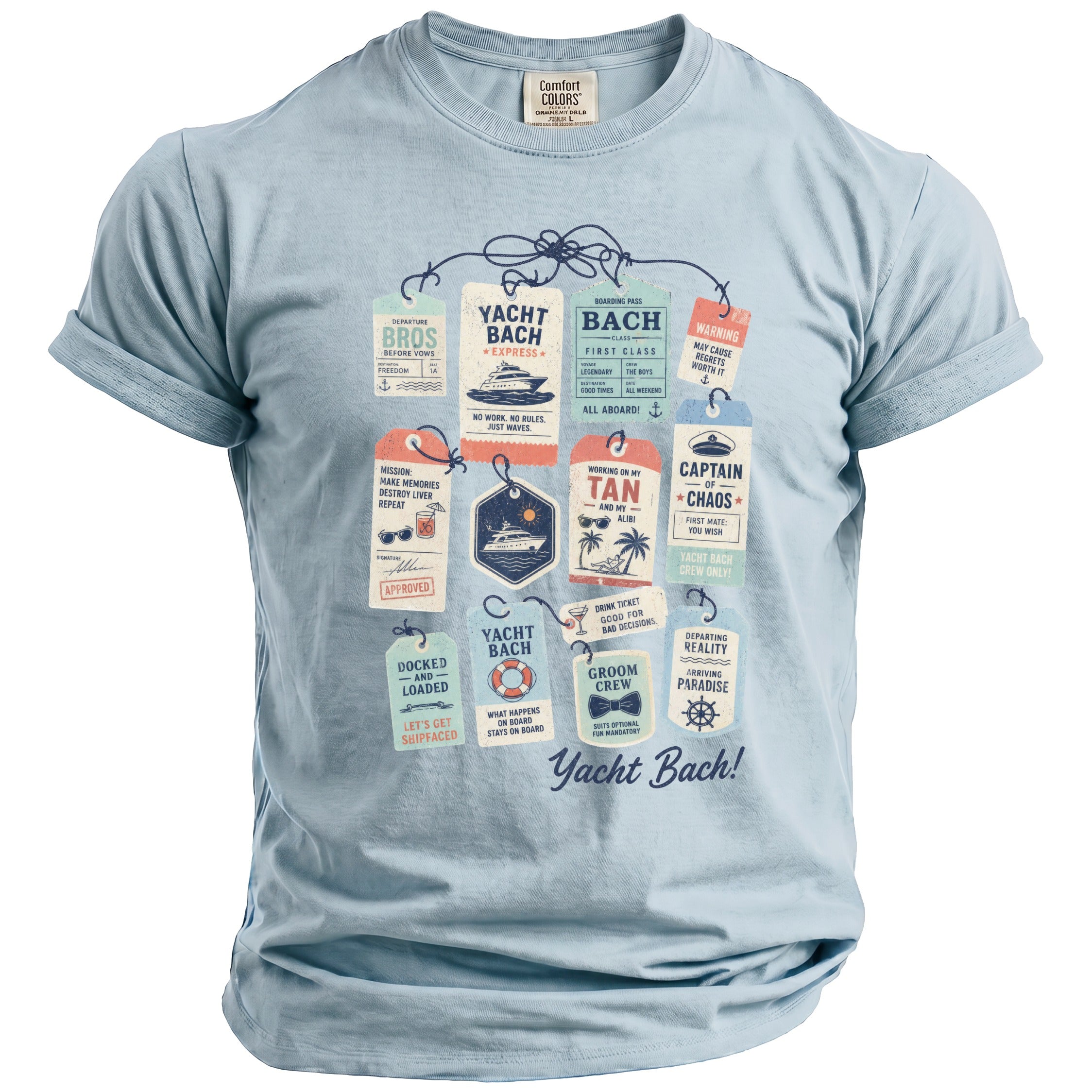 Light blue t-shirt with nautical-themed "Yacht Bach" tags and boat graphics.