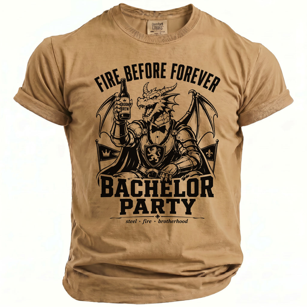 Tan t-shirt with dragon graphic, "Fire Before Forever Bachelor Party" text.