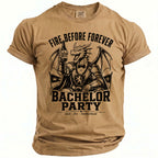 Tan t-shirt with dragon graphic, "Fire Before Forever Bachelor Party" text.