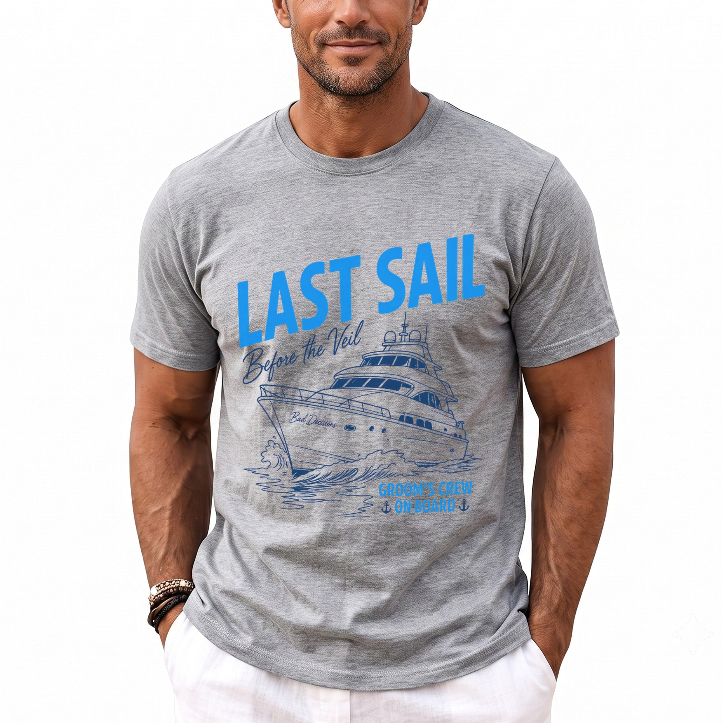 Grey t-shirt with "Last Sail Before The Veil" and a boat graphic.