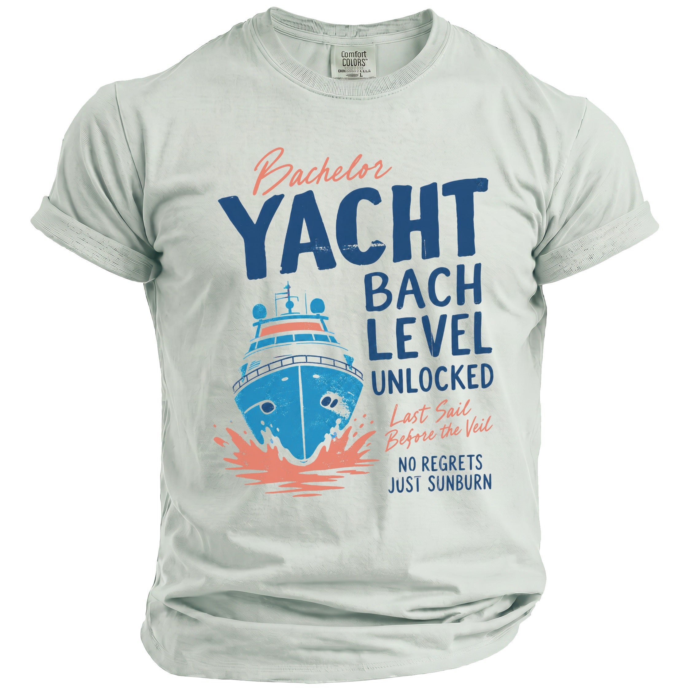 Light blue t-shirt with "Bachelor Yacht Bach Level Unlocked" text and yacht graphic.