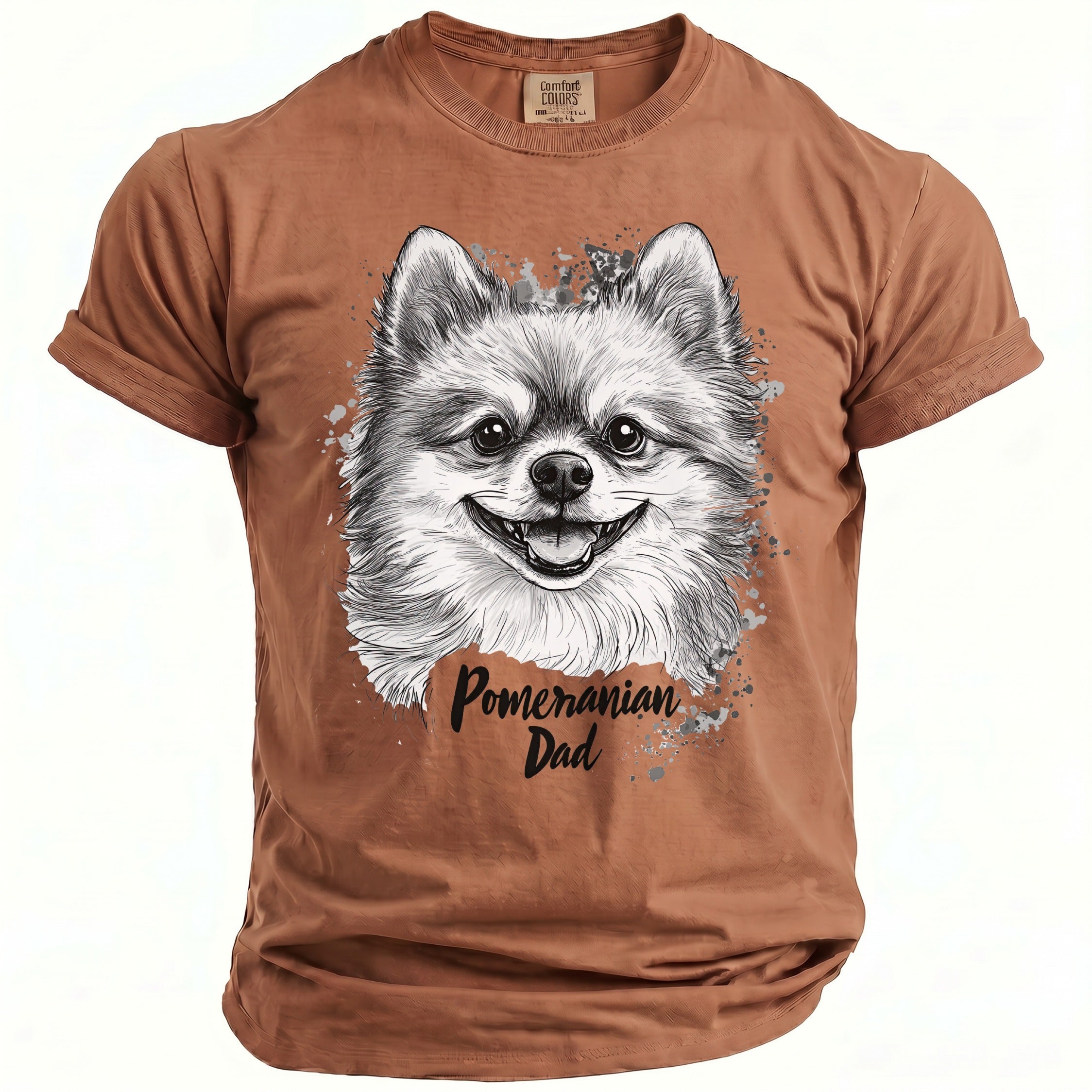 Brown t-shirt with a sketch of a smiling Pomeranian and "Pomeranian Dad" text.