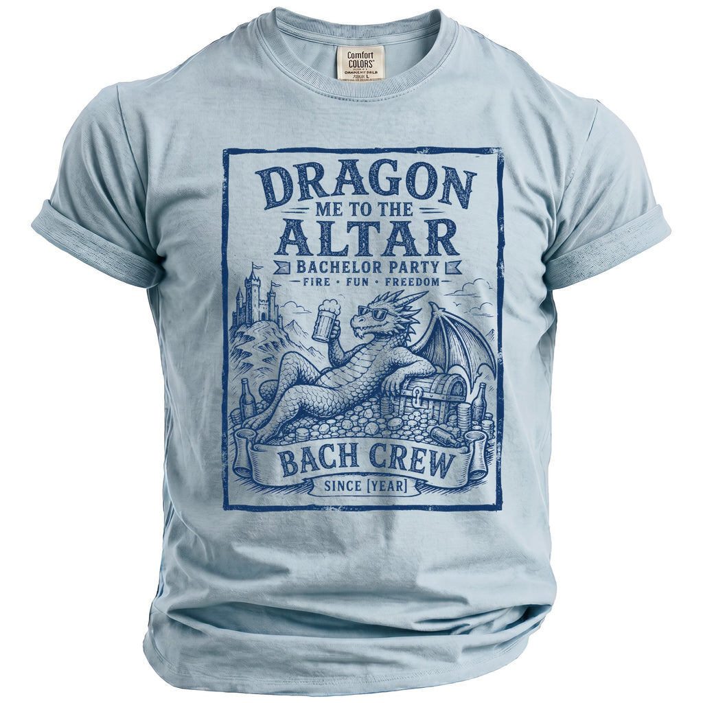 Light blue t-shirt with a navy blue graphic of a dragon at a bachelor party.