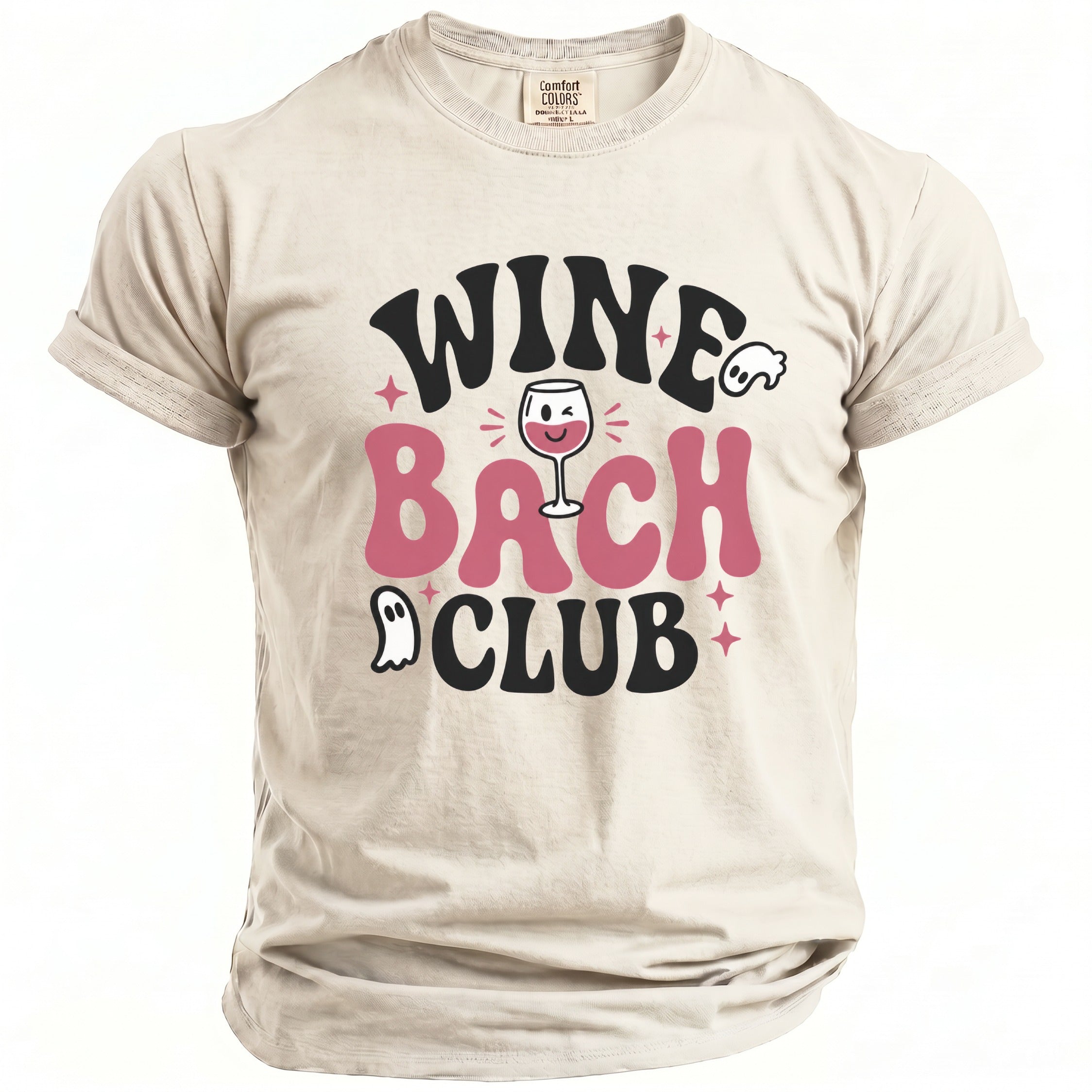 T-shirt with "Wine Bach Club" text, a wine glass, and ghosts graphic.