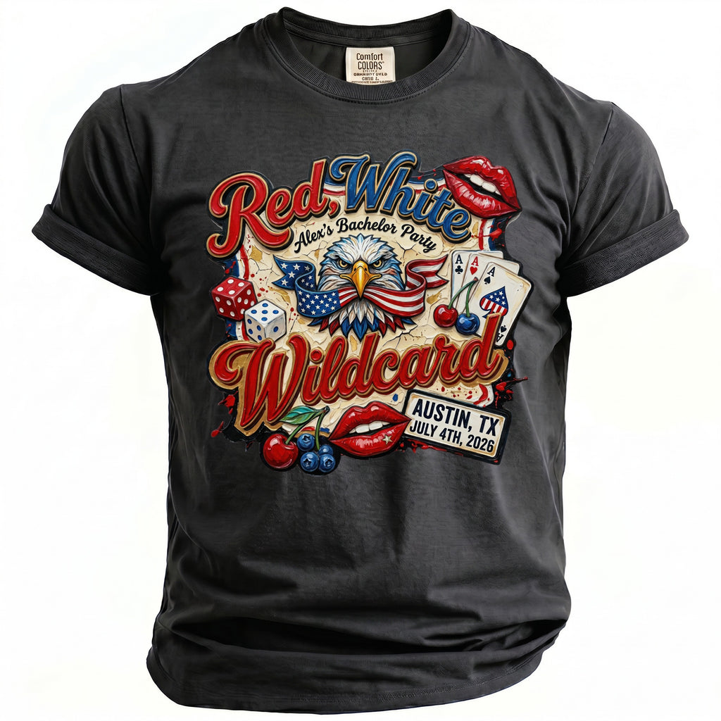 Black t-shirt with "Red White Wildcard" graphic featuring eagle, dice, cards, and lips for Alex's Bachelor Party.