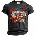 Black t-shirt with "Red White Wildcard" graphic featuring eagle, dice, cards, and lips for Alex's Bachelor Party.