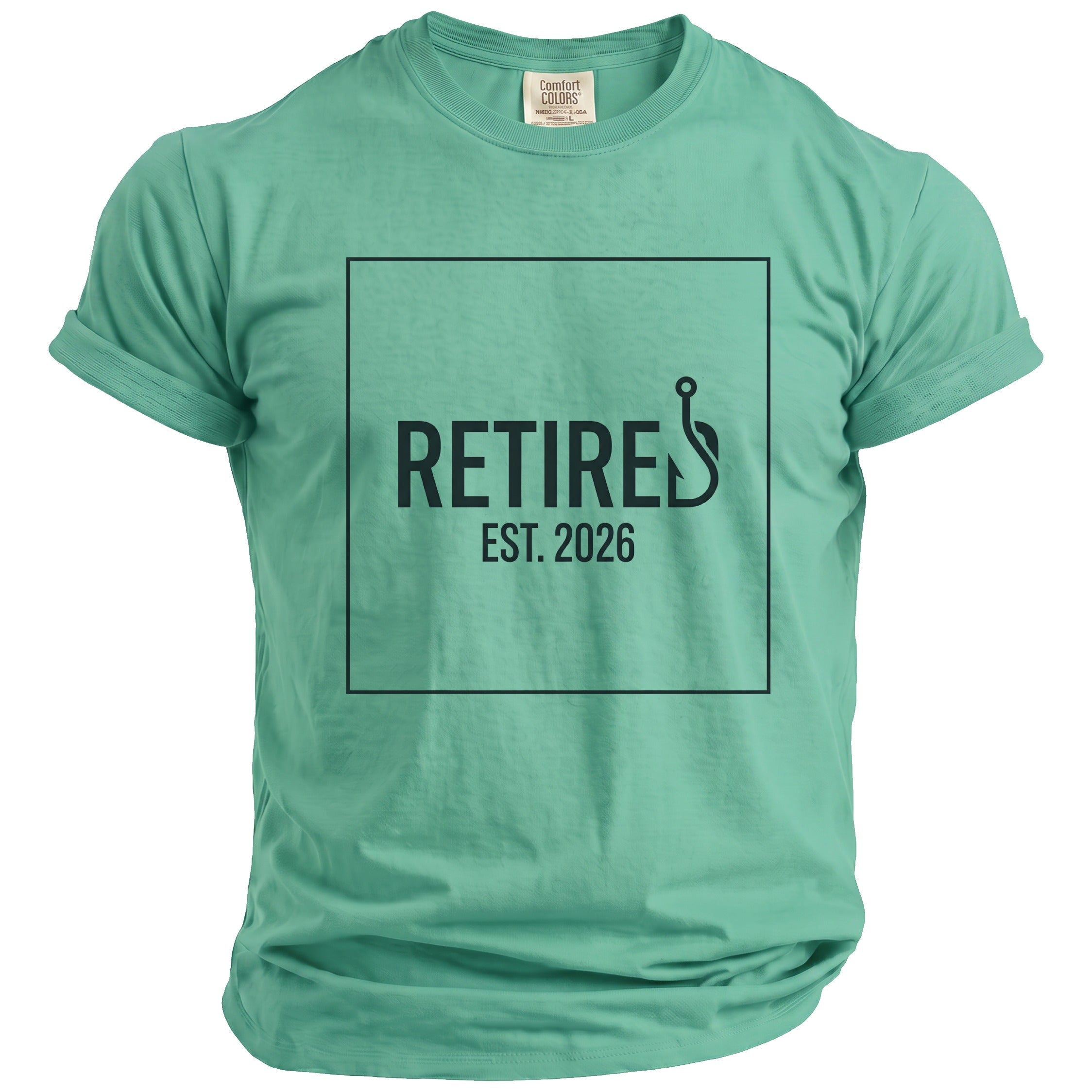 Teal t-shirt with "RETIRED EST. 2026" and a fishing hook inside a square.